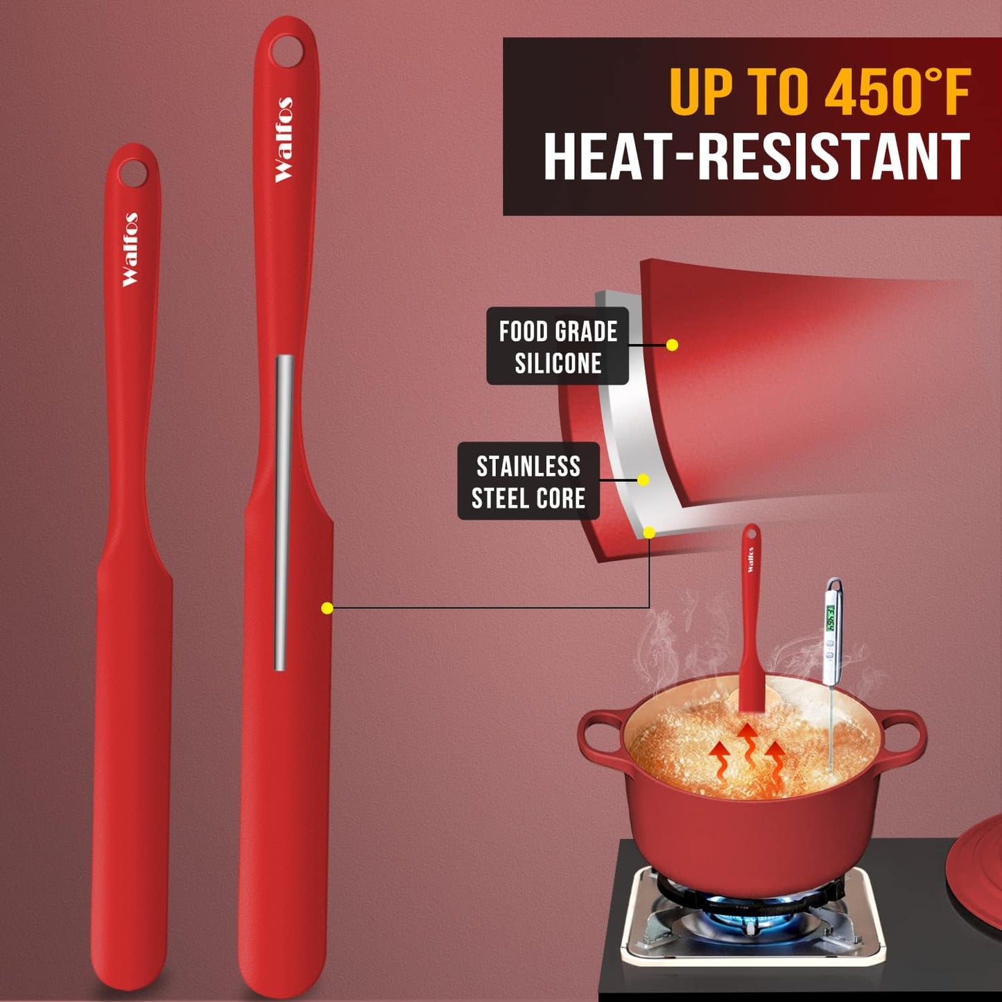 Walfos Silicone Jar Spatula - High Heat Resistant Kitchen Spatulas(450°F),Cake Cream Butter Spatulas, for Cooking Mixing -BPA Free and Dishwasher Safe Mixing Batter Scraper Spatula, Red(2pcs)