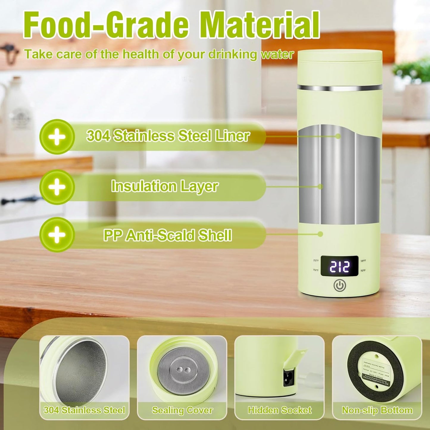 Travel Electric Kettle Portable Mini Kettle,Small Hot Water Boiler with 4 Temperature Settings,304 Stainless Steel,Fast Boiling Water with Auto Shut-Off and Boil Dry Protection,400ml (Green, 400ML)