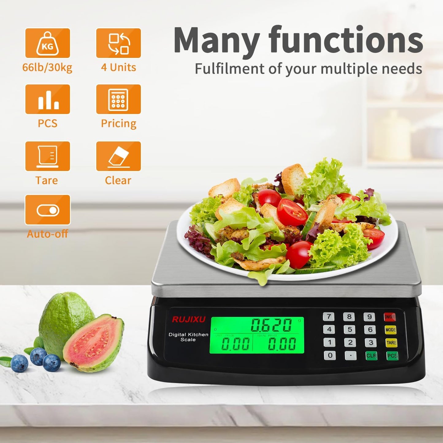 Large Digital Kitchen Scale Black 30kg/66lb Commercial Food Scale Stainless Steel with LCD Display Price Computing Scale for Restaurant Baking Bread Meat Prep Counting Scale for Parts and Coins
