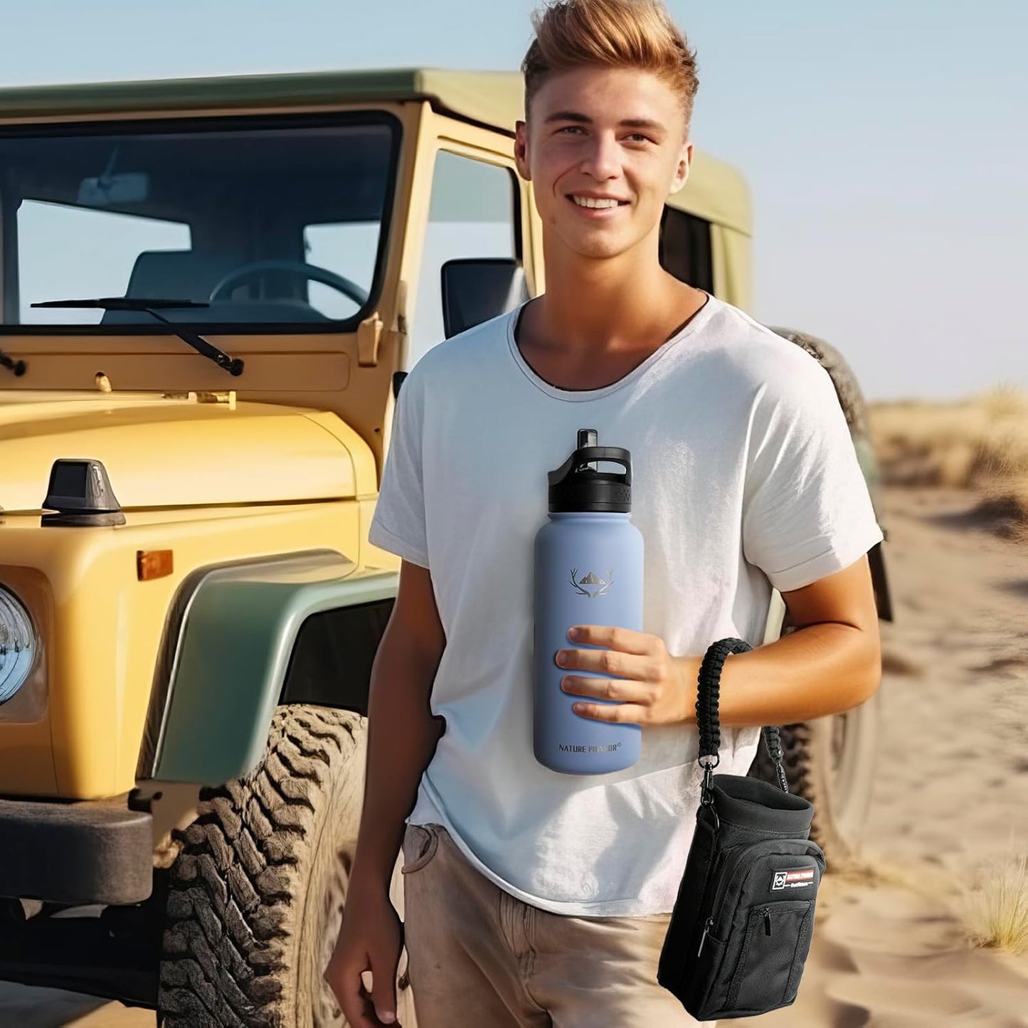 NATURE PIONEOR Insulated Water Bottles with Straw - 32oz Stainless Steel Vacuum Bottle with Holder/Carrier/Sleeve - Reusable 18/8 Food Grade 32 oz Water Jug