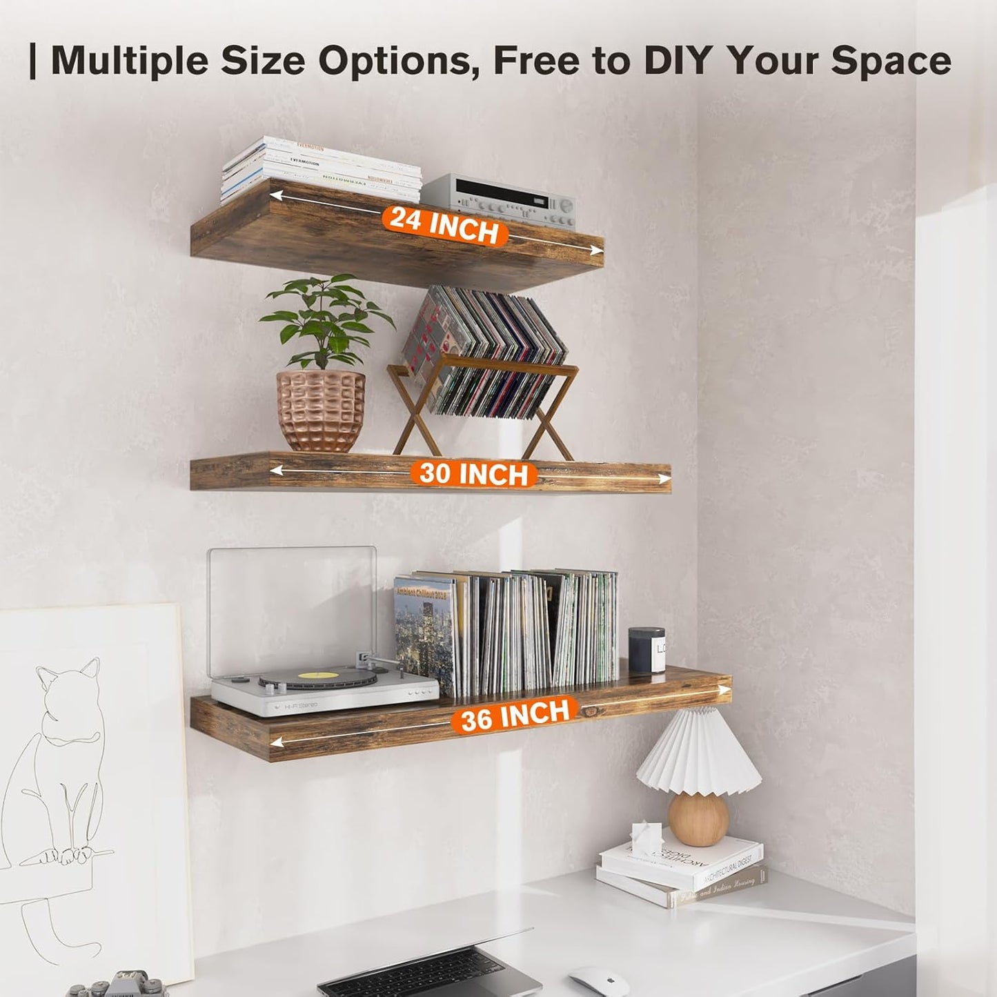 Floating Shelf, Set of 3 Wall Shelf, 24 in W x 12.75 in D x 2 in H Wooden Floating Wall Shelf with Invisible Brackets for Living Room/Bedroom/Bathroom/Kitchen Storage and Decor, Rustic Brown