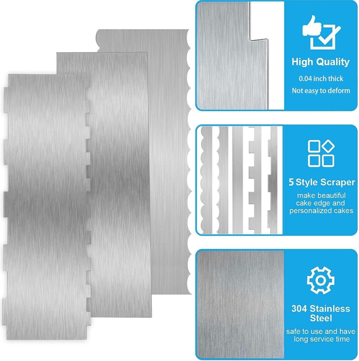 3 Pieces 8.7 Inche Stainless Steel Cake Scraper,Double Sided Patterned Edge Stripe Edge Smoother Scraper Cake Decorating,Cake Decorating Comb Cake Scraper (3, 3)