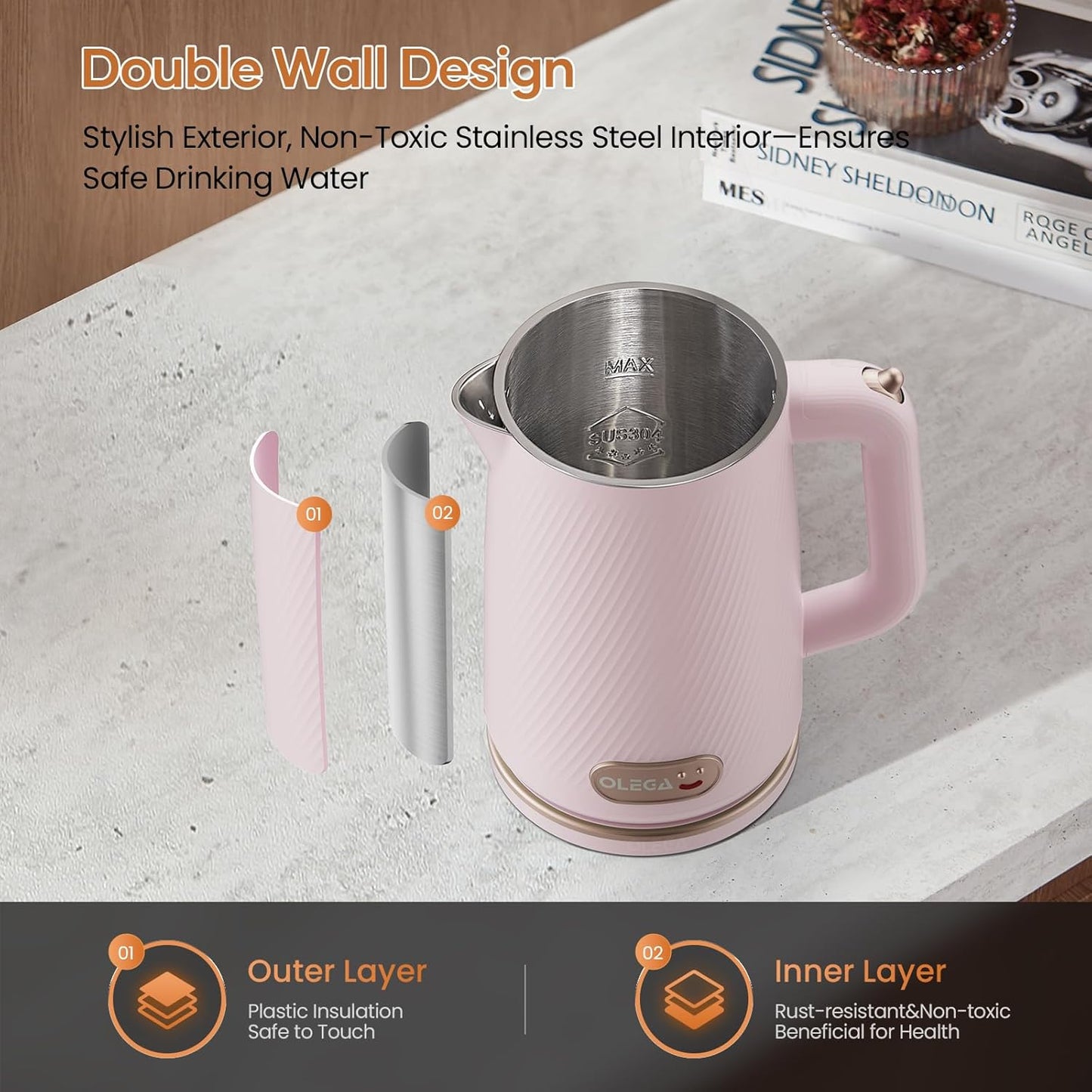 OLEGA Electric Kettle - 1500W Electric Tea Kettle 1.8L Stainless Steel Inner Electric Kettles for Boiling Water Auto Shut Off Boil-Dry Protection Electric Water Kettle for Coffee Tea Pink