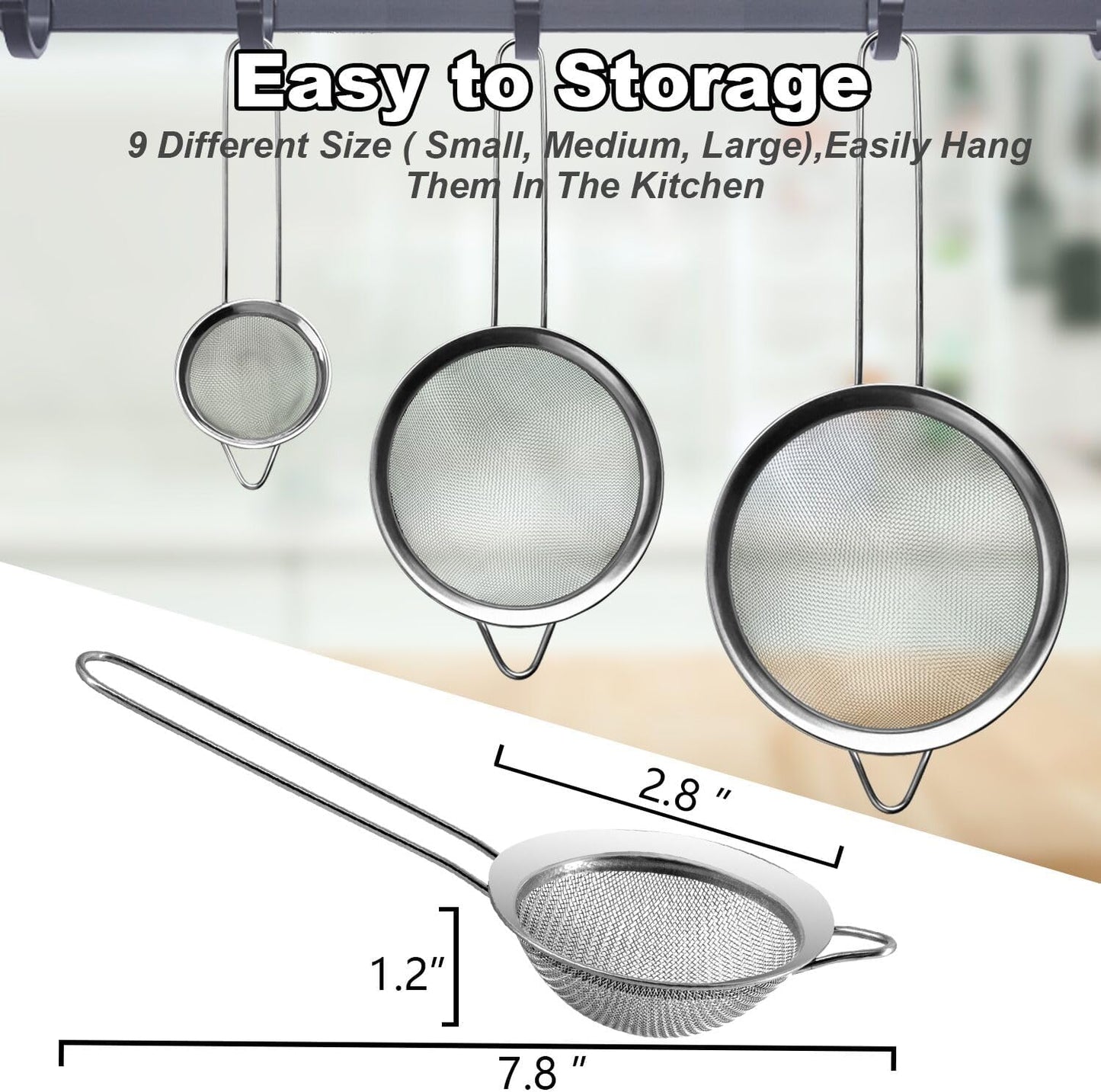 Anaeat Fine Mesh Strainers - Premium Stainless Steel Colander Sieve Sifters, with Durable Mesh and Sturdy Handle, Excellent for Sifting Dry ingredients, Flour, Pastas, Rice, Tea (2.8")