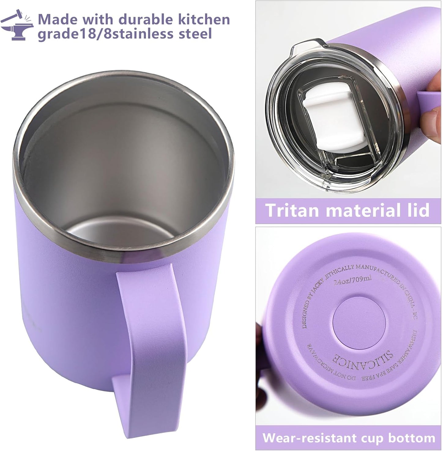 14 oz Purple Stainless Steel Coffee Mug, Reusable Travel Tumbler with Lid & Handle – Dishwasher-Safe Thermos Cup for Women, Ideal for Office/Travel Use with Hot/Cold Drinks