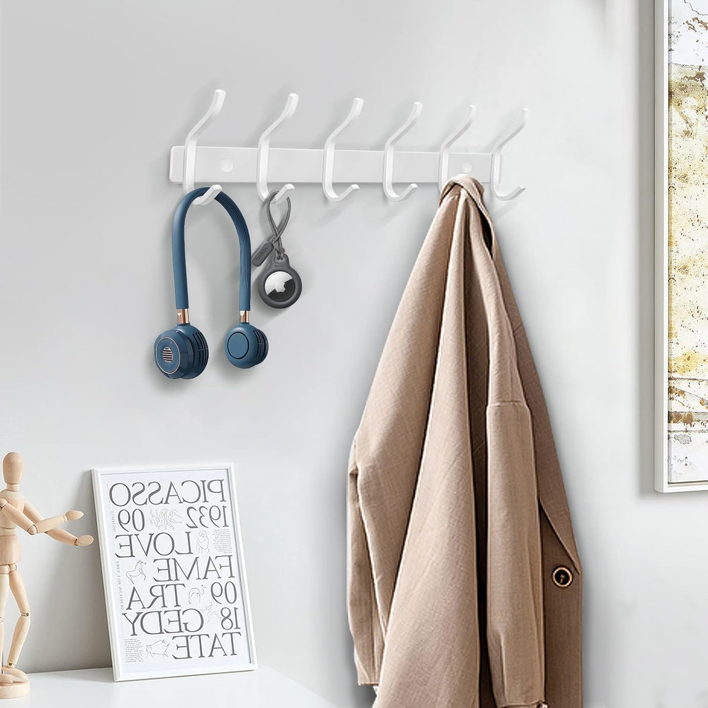 White Wall Hooks Heavy Duty, 12 Inch Coat Hooks Wall Mount with 4 Hooks, 2 Packs Wall Hooks Hangers for Entryway, Bathroom - for Hanging Backpack, Bag, Coat, Purse, Hat, Towel, Clothes