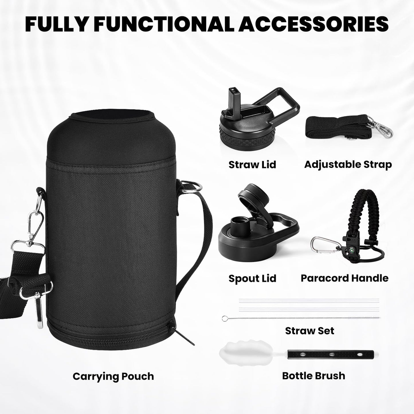 Insulated Water Bottle 64 oz, Triple Wall Vacuum Stainless Steel (Cold for 48 Hrs), Leak Proof & Non-BPA, Half Gallon Water Flask Jug with Paracord Handle & Straw Spout Lids, Magic Black
