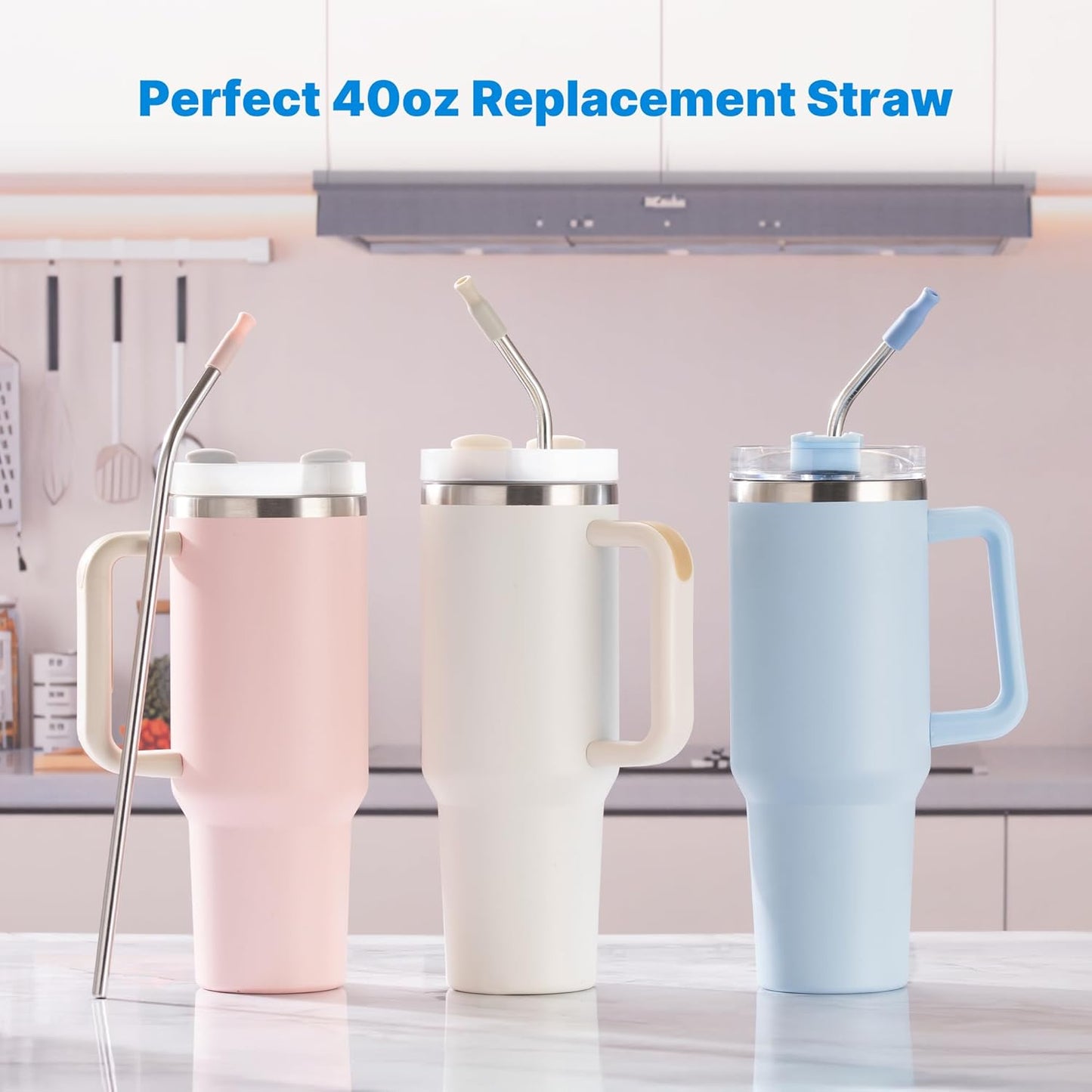 Repeatable Metal Straw with Silicone Tips for 40 oz Stanley Tumbler, 2 Pcs 40 oz Stainless Steel Straws Replacement for Stanley Tumbler, 1 Straw Brush, BPA Free(Black)