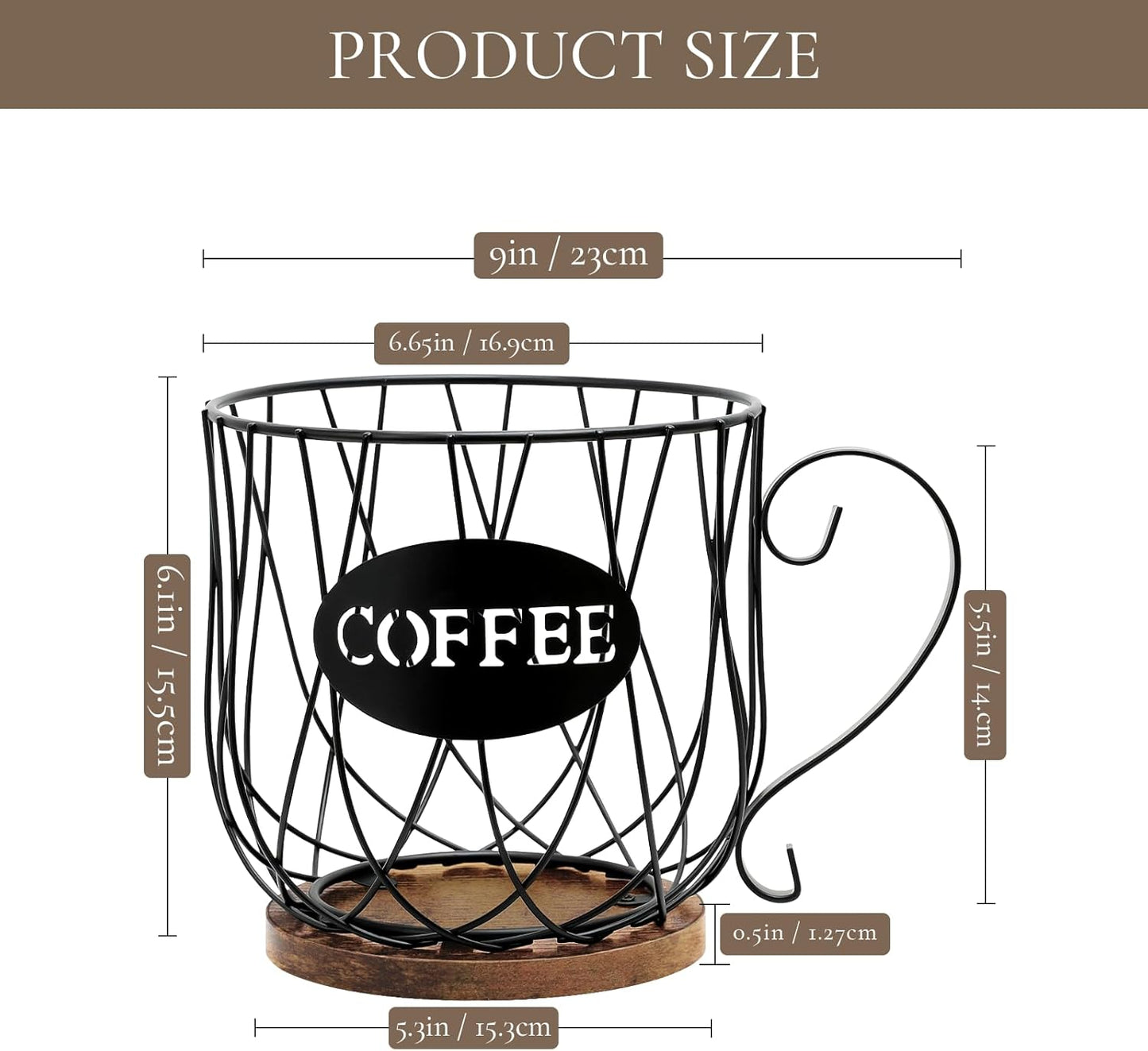 Rustic Metal K-Cup Coffee Pod Holder Mug - Large Wire Basket with Wooden Base for Countertop Coffee Storage - Farmhouse Decor for Home & Office (Rustic Brown-Round)