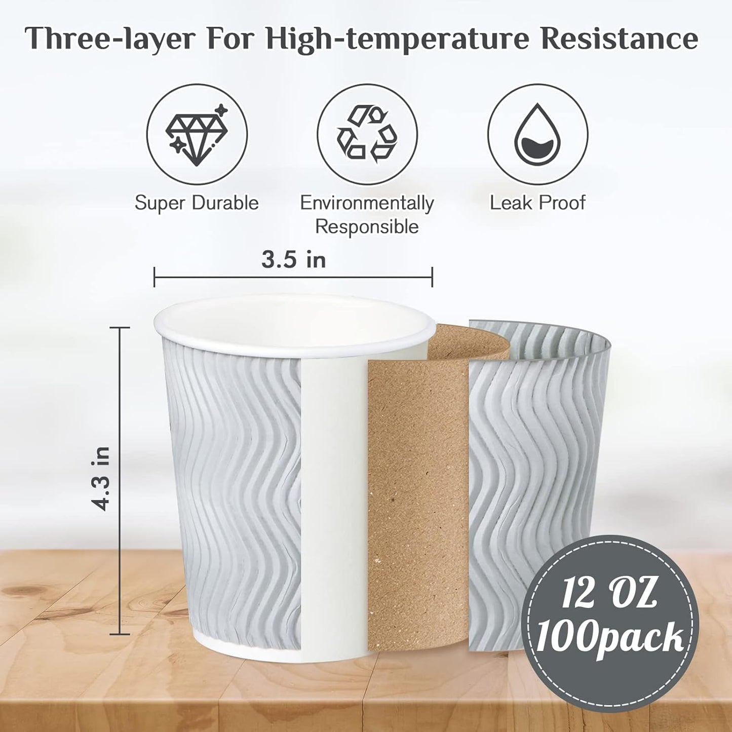 MUCHII 12 oz Disposable Coffee Cups, 100 Count Insulated Ripple To Go Cups With Lids and Straws for Tea, Hot Chocolate, and Drinks
