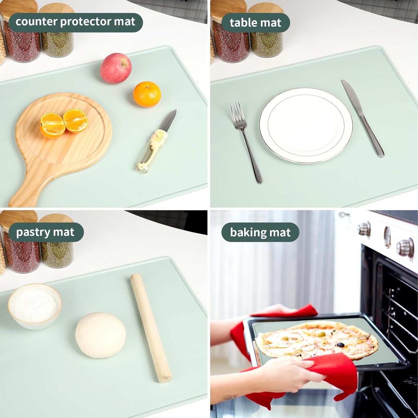 Silicone Baking Mat - Extra Thick Non-Stick Pastry Mat with Measurement Markings, 21"x15" Non-Slip Silicone Pad with Raised Edges (Light Green)