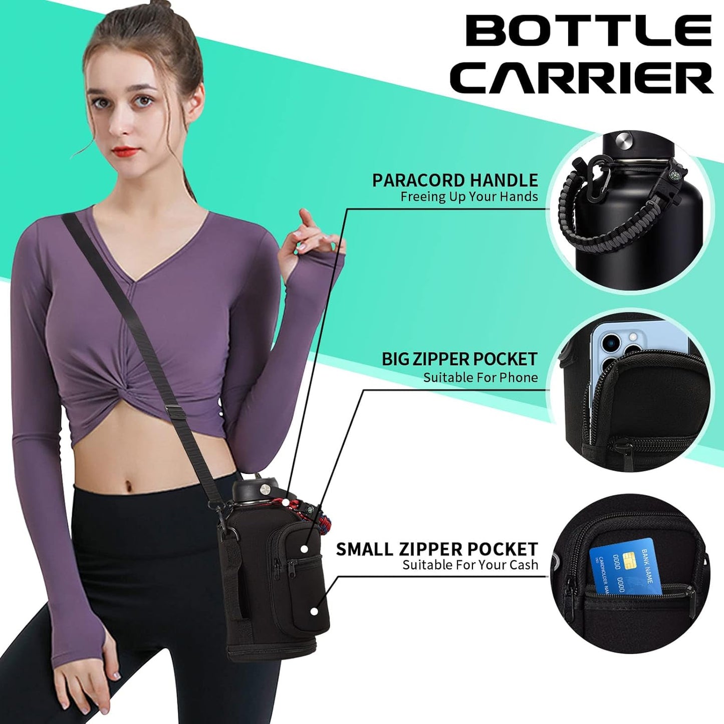 Half Gallon Insulated Water Bottle - with Straw & Spout Lid, Paracord Handle & Carrier Bag, Protective Cup Mat, 64oz Vacuum Stainless Steel Water Bottle, Metal Vacuum Flasks Keep Cold 48h Hot 24h