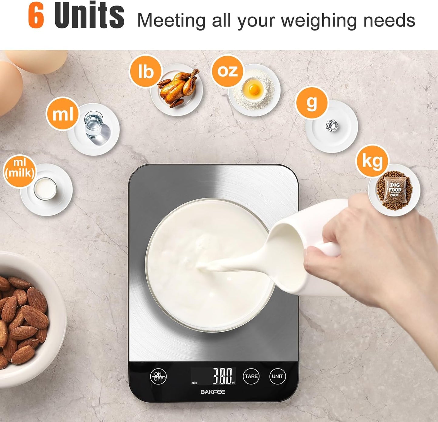 33lb Digital Kitchen Scale, Food Scale Rechargeable with Stainless Steel, Grams and Ounces, USB Charging, 1g High Accuracy for Baking, Cooking, Food BK806