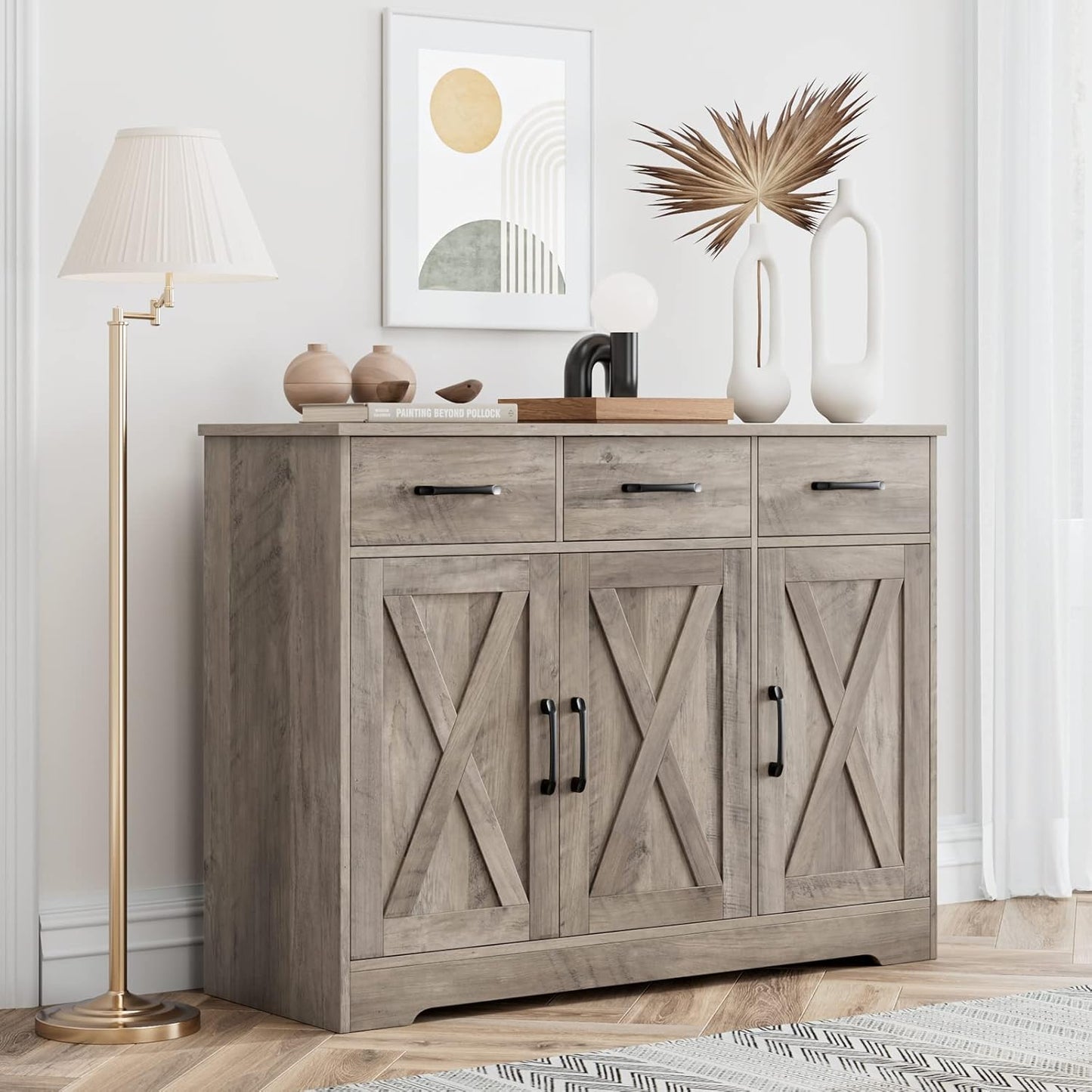 HOSTACK Modern Farmhouse Buffet Sideboard Cabinet, Barn Doors Storage Cabinet with Drawers and Shelves, Wood Coffee Bar with Storage for Dining Room, Kitchen, Living Room, Ash Grey