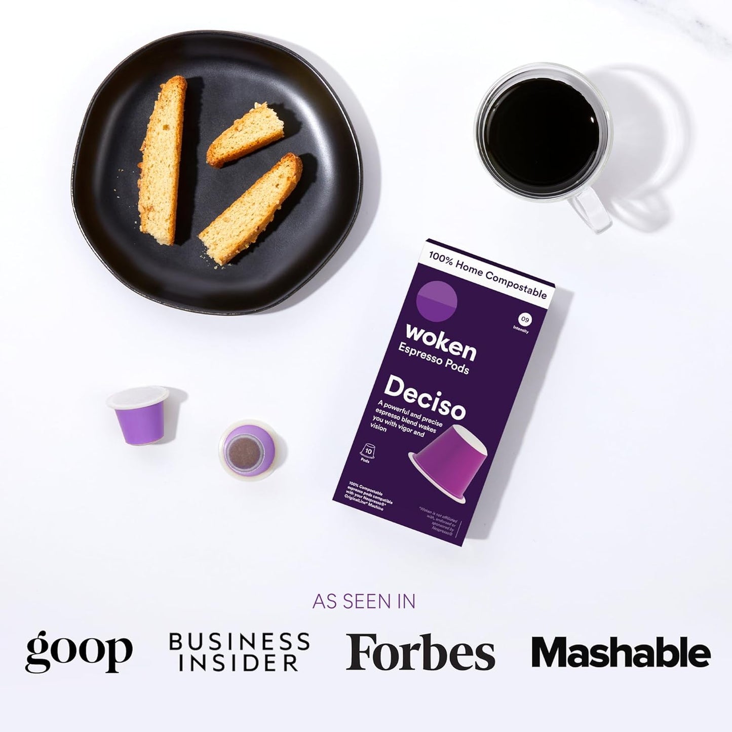 WOKEN COFFEE Compostable Nespresso Pods - Deciso Dark Roast Italian Espresso Coffee Capsules Compatible With Nespresso Coffee Machine (60 Pod Count, 6 Boxes)