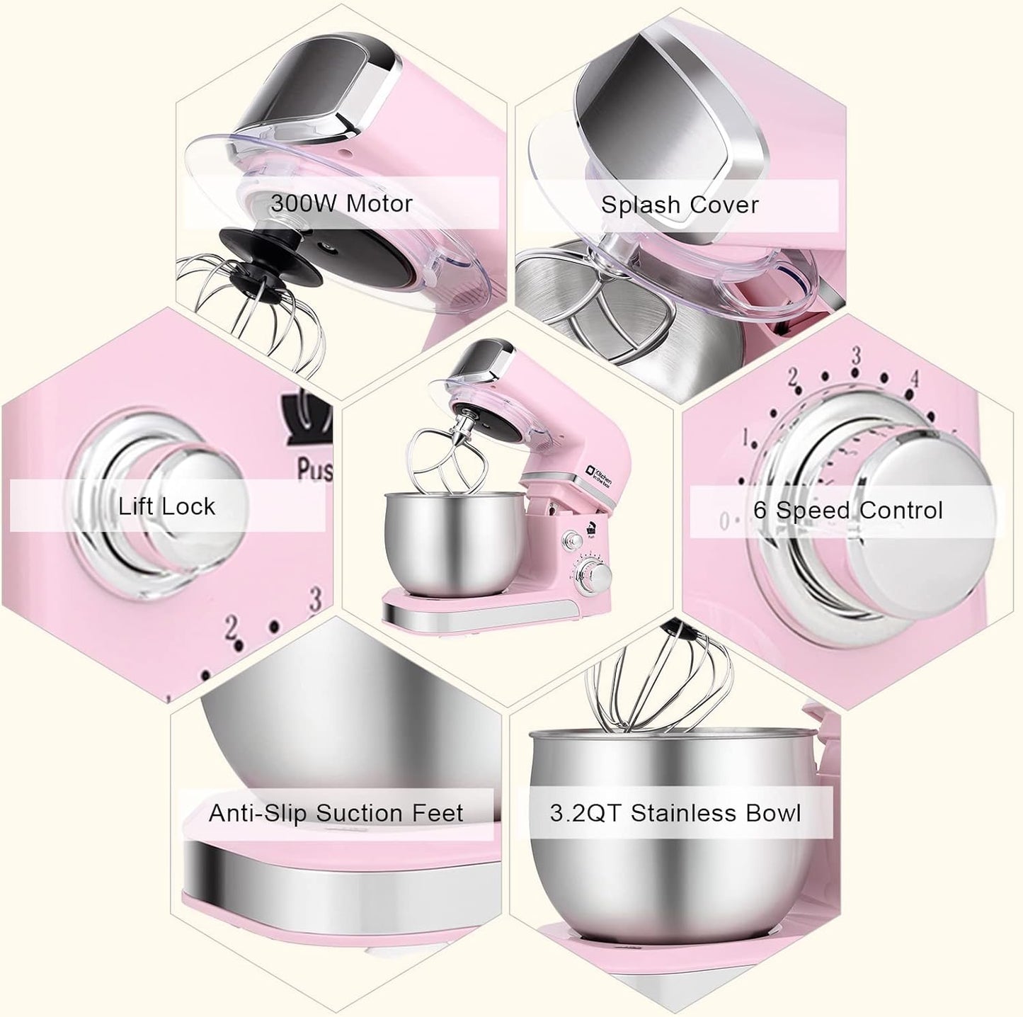 Kitchen in the box Stand Mixer,3.2Qt Small Electric Food Mixer,6 Speeds Portable Lightweight Kitchen Mixer for Daily Use with Egg Whisk,Dough Hook,Flat Beater (Pink)