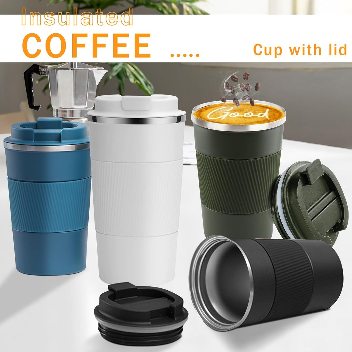 YINBAOGE Insulated Travel Coffee Mug Spill Proof Leak Proof Pobtable To Go Camping Stainless Steel Coffee Tumbler Reusable Coffee Cups with Lids Thermos for Hot and Cold Drink (Green, 12 OZ)