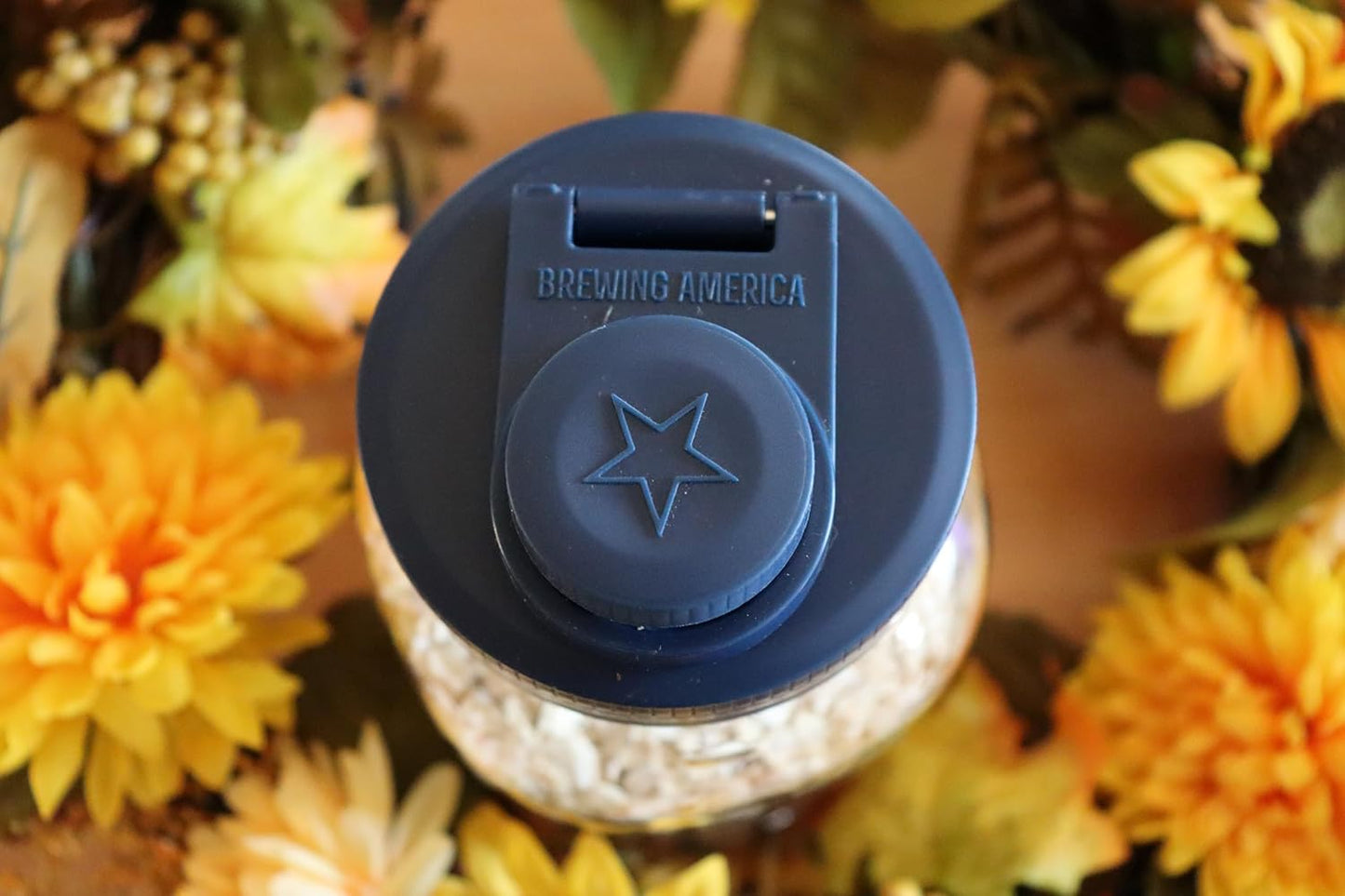 Brewing America Creamer Jar with Pouring Lid, 1 Pint (16 oz) Azure Mason Jar with Blue Wide Mouth Pour Lid for Milk, Sugar, and Cream, 1-Pack (Old Glory Blue)