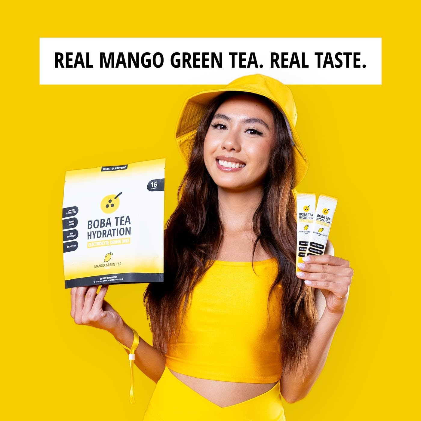 Boba Tea Hydration | Electrolyte Powder Drink Mix | Mango Green Tea | 1000mg Electrolytes, Vitamin C | 16 Stick Packets