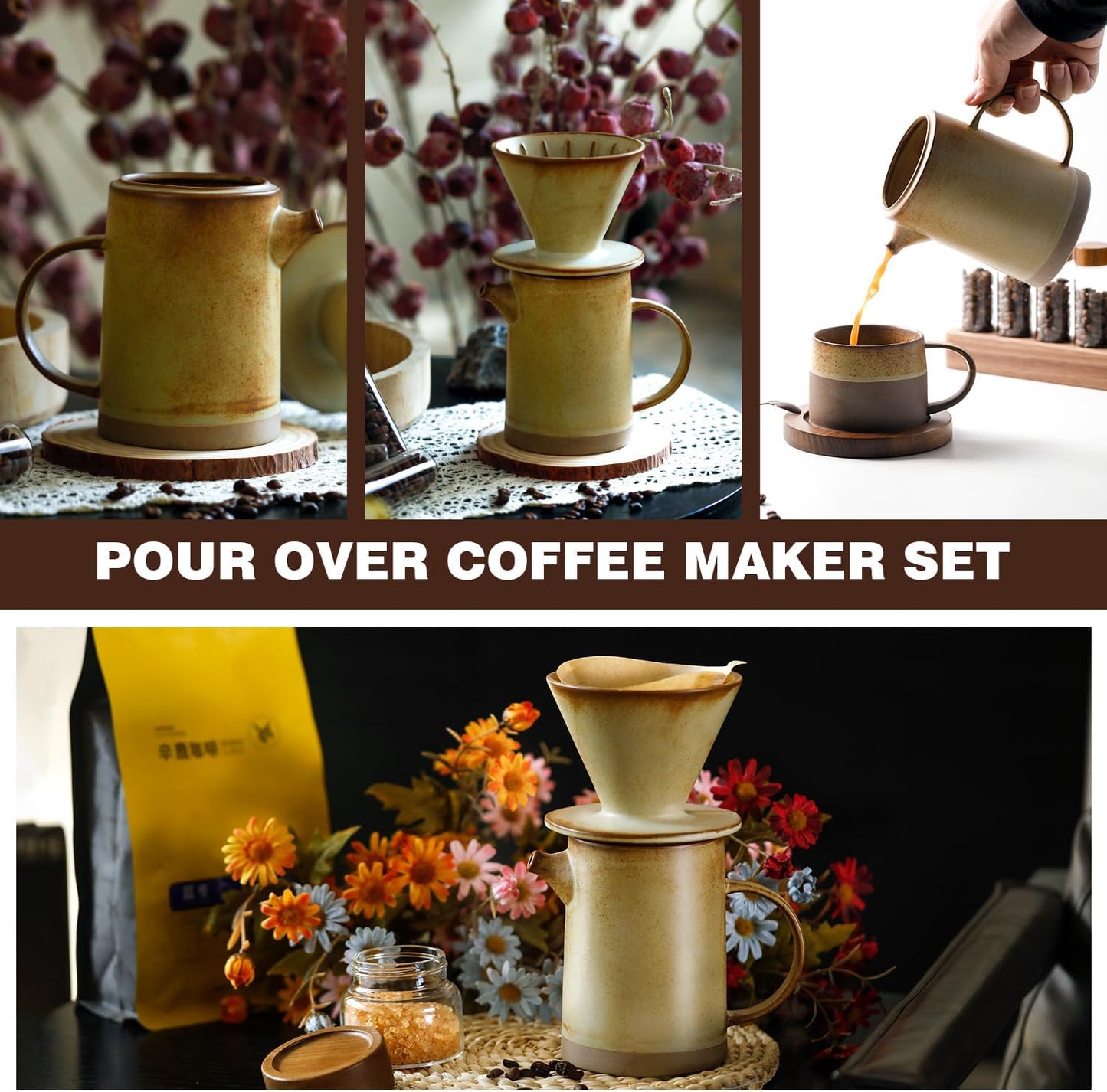 Pour Over Coffee Maker Set Vintage Ceramic Pour Over V60 Coffee Dripper Set with 20 Count Paper Coffee Filters,for Home Café Restaurant Camping,15.8 Ounces(Yellow)