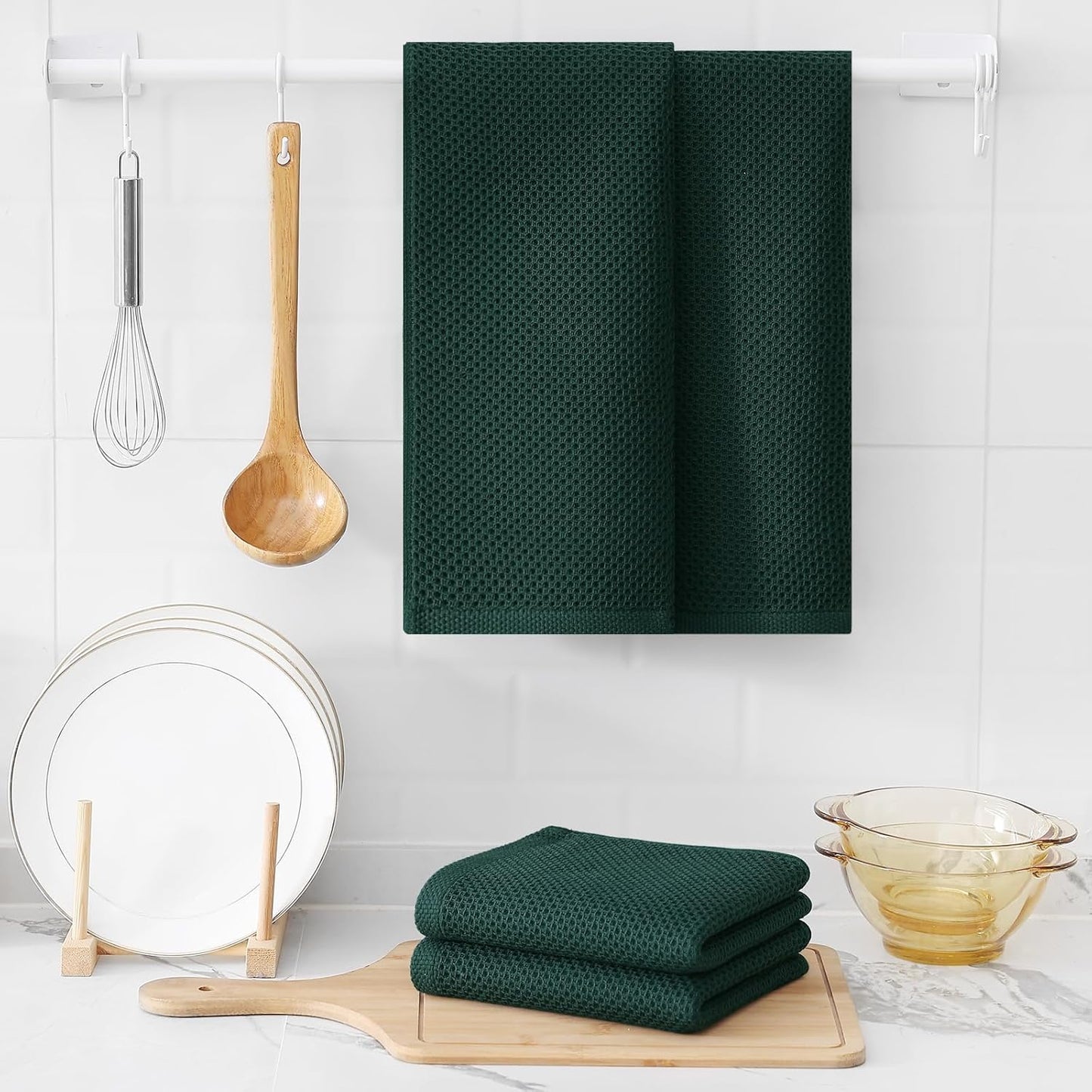 Kitinjoy 100% Cotton Waffle Weave Kitchen Towels, 8-Pack Super Soft and Absorbent Dish Towels for Drying Dishes, Kitchen Hand Towels, 13 in x 28 in, Blackish Green