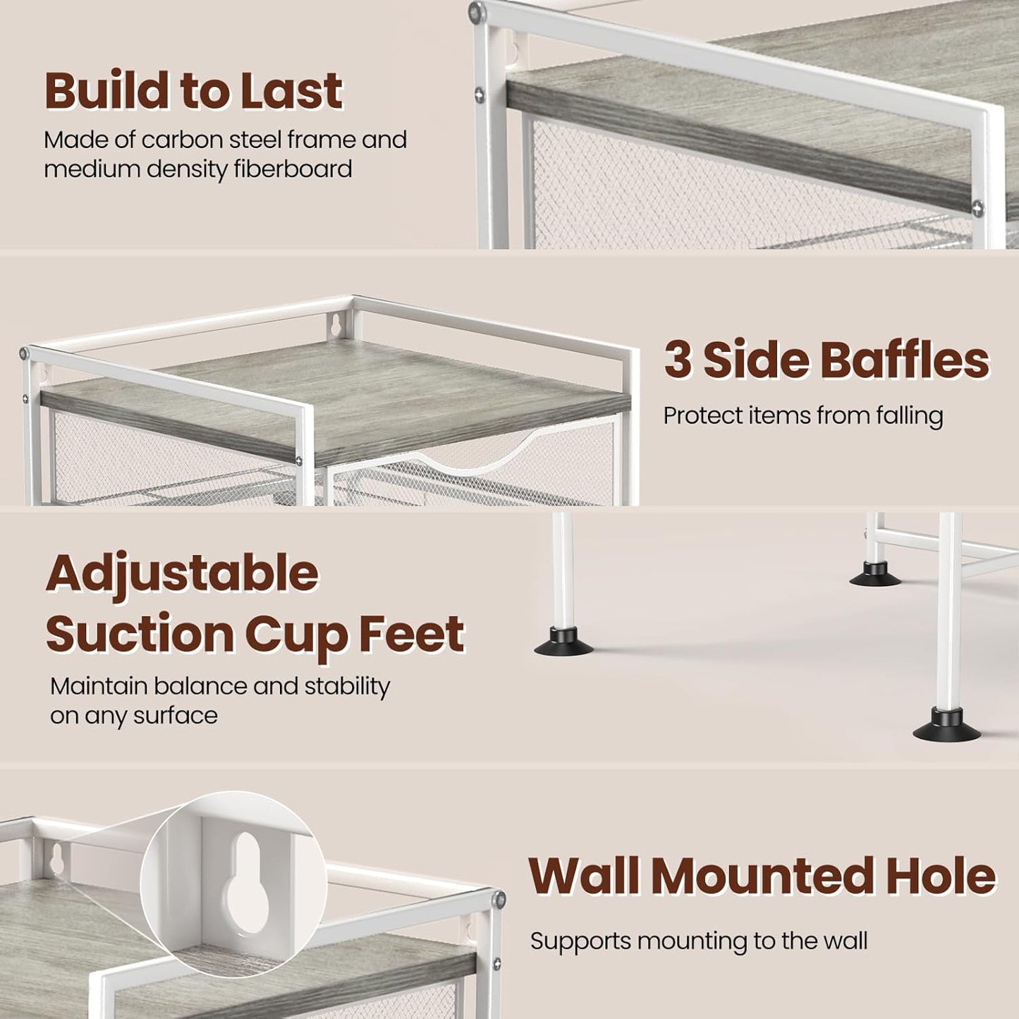 Coffee Bar Organizer Countertop, 2 Tier Mug Cup Holder Stand with 10 Hooks, 60 K Cup Coffee Pod Drawer with Mug Rack, Multifunctional Shelf Organizer for Kitchen, Grey