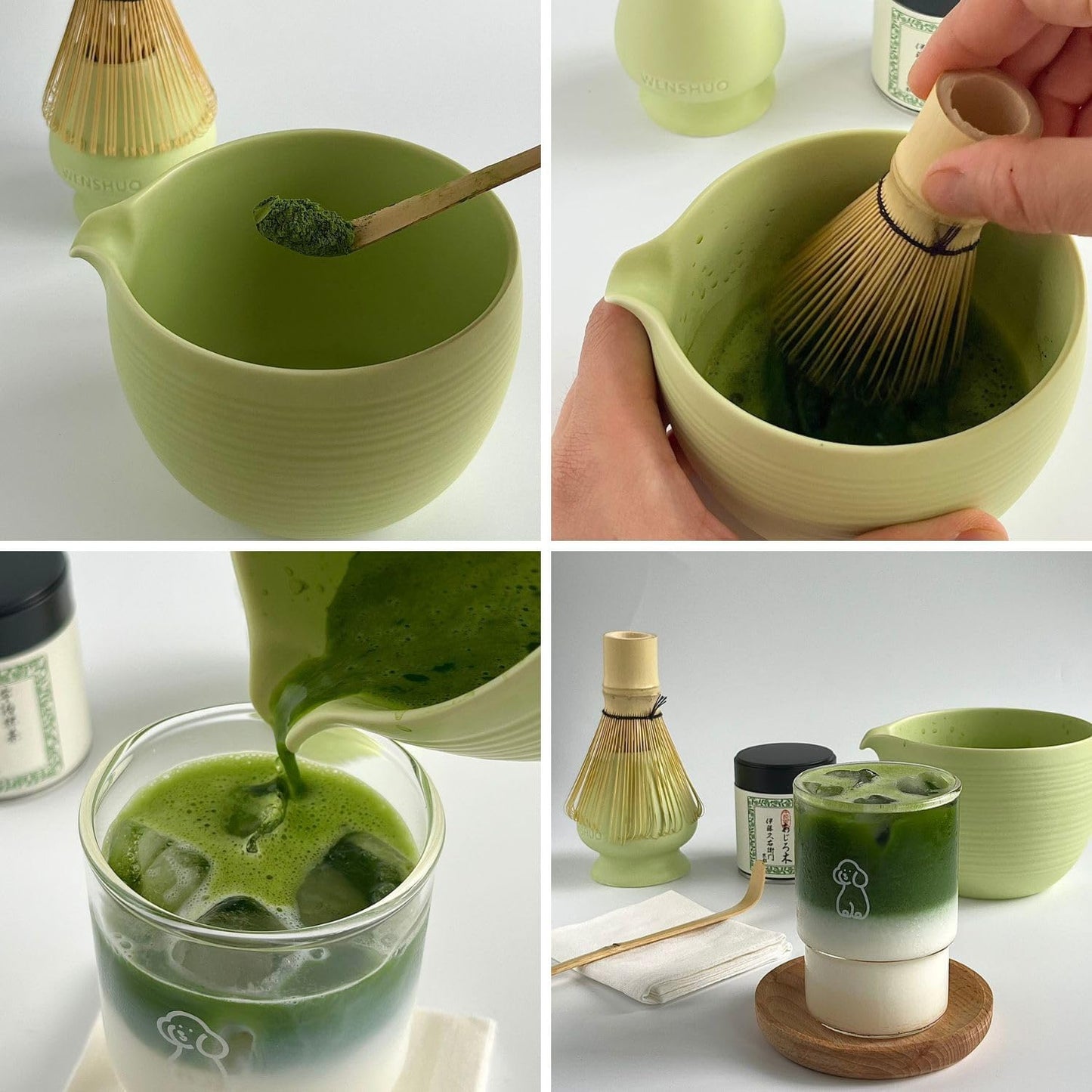 Matcha Whisk Set, Ceramic Matcha Bowl & Whisk Holder, Bamboo Accessory, Modern Design (Mint Green, Pouring Spout)