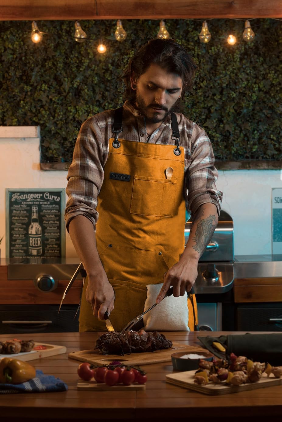 Asaya Chef and BBQ Apron with Bottle Opener and Hand Towel - 10oz Cotton Canvas, Stainless Steel Hardware - Cross Back Straps