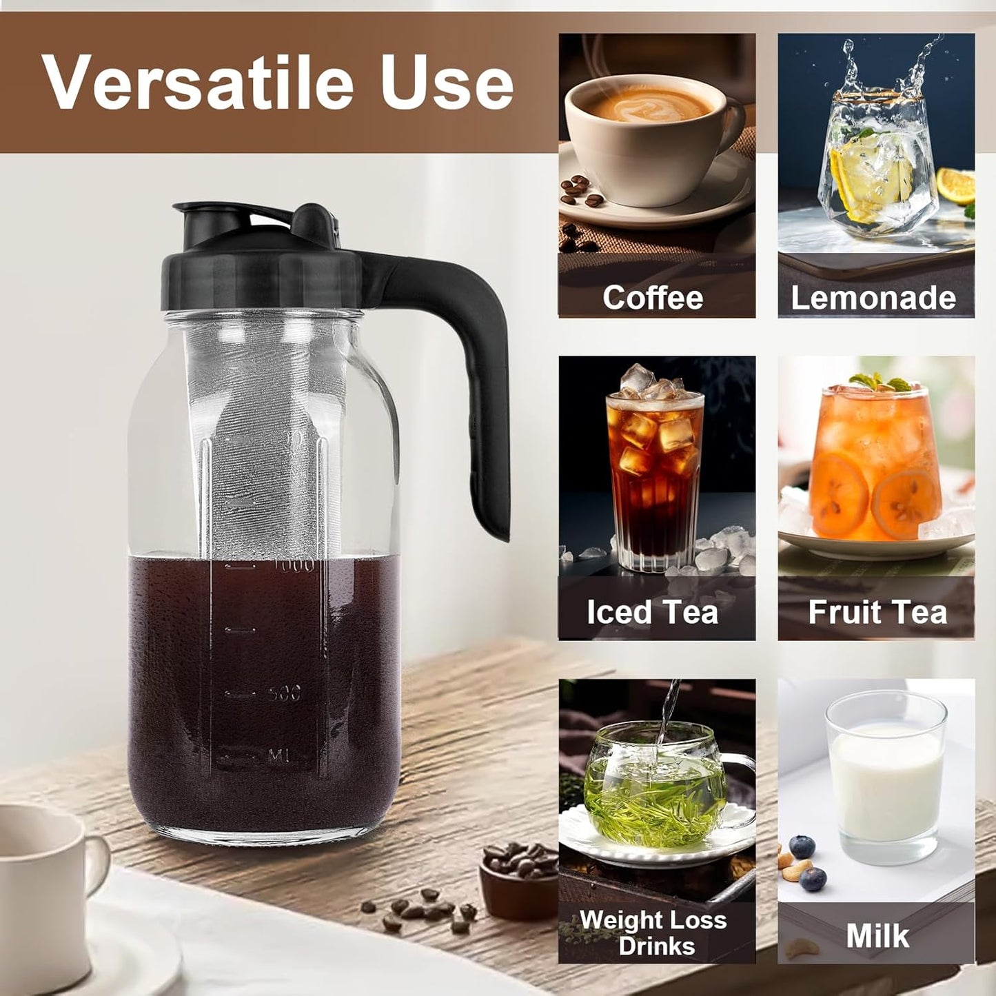 Cold Brew Coffee Maker Pitcher,32 Oz Glass Mason Jar Pitcher with V-shaped Pour Spout Handle Lid,Stainless Steel Filter for Iced Coffee,Iced tea,Breast Milk,Fruit Drinks,lemonade-Black