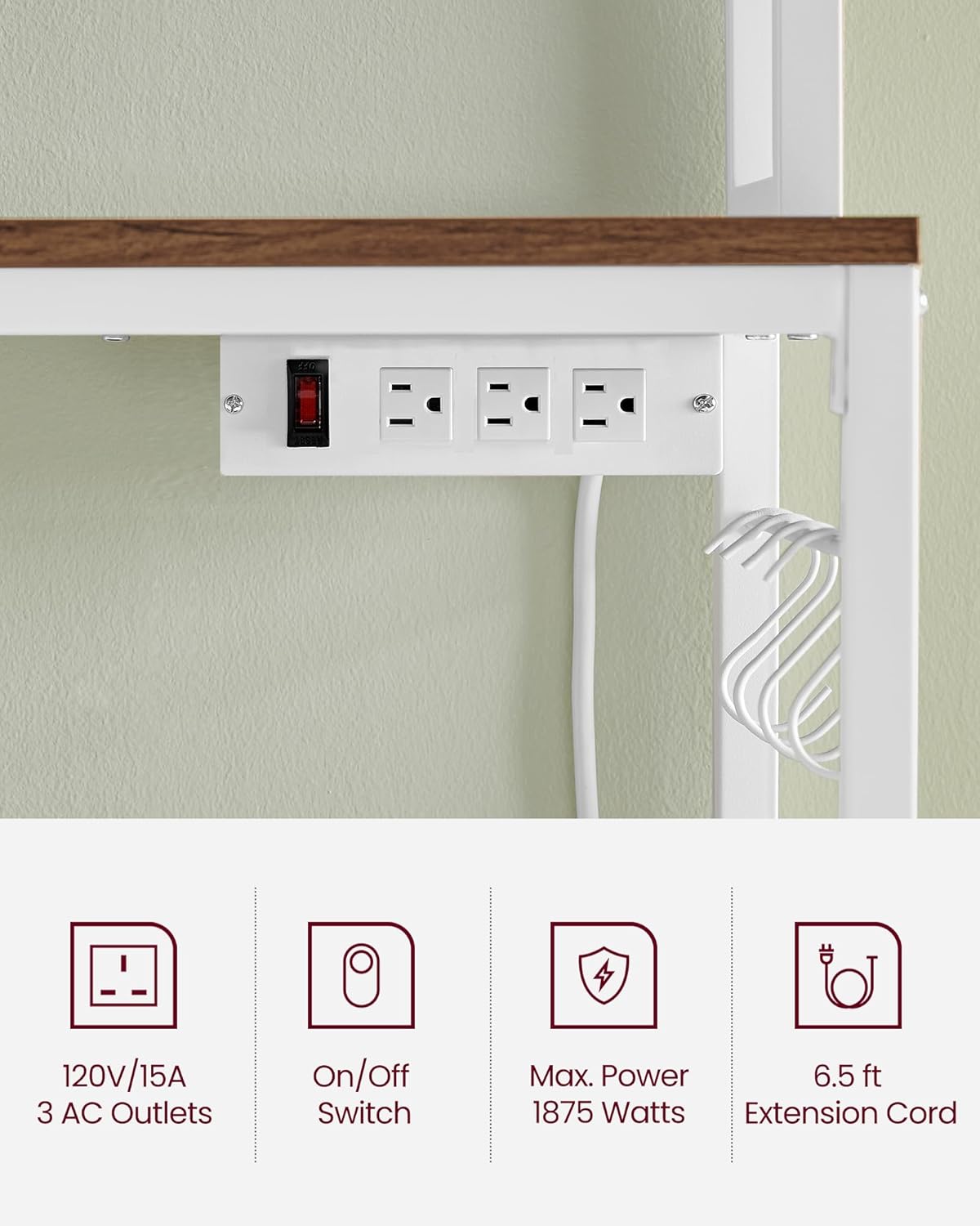 VASAGLE Hutch Bakers Rack with Power Outlet, 14 Hooks Microwave Stand, Adjustable Coffee Bar with Metal Wire Panel, Kitchen Storage Shelf, 15.7 x 23.6 x 66.9 Inches, Rustic Walnut and White UKKS037W41