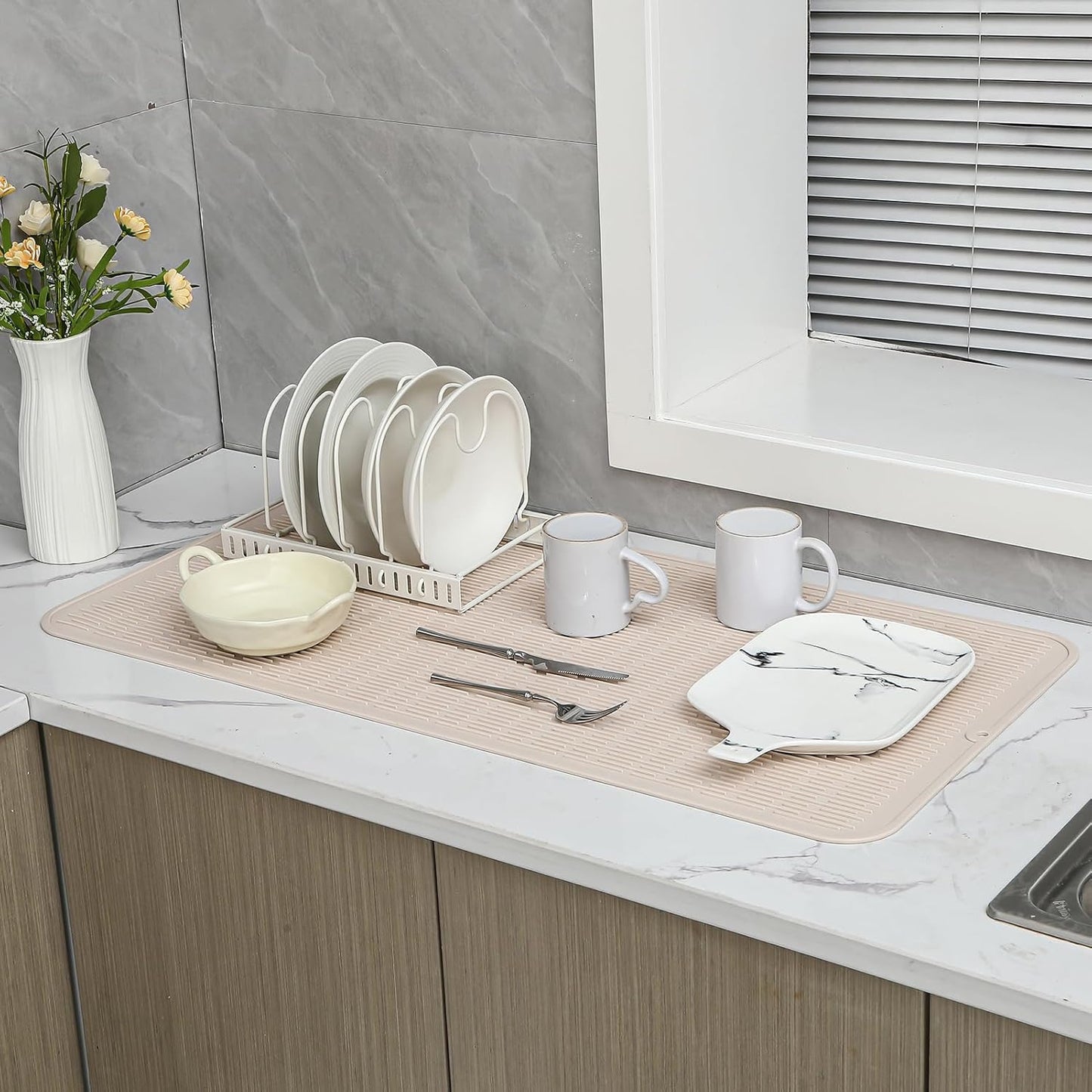 Silicone Dish Drying Mat for Multiple Usage,Easy clean,Eco-friendly,Heat-resistant Silicone Mat for Kitchen Counter or Sink,Refrigerator or Drawer Liner Tapioca 5XL 36inches x 18inches