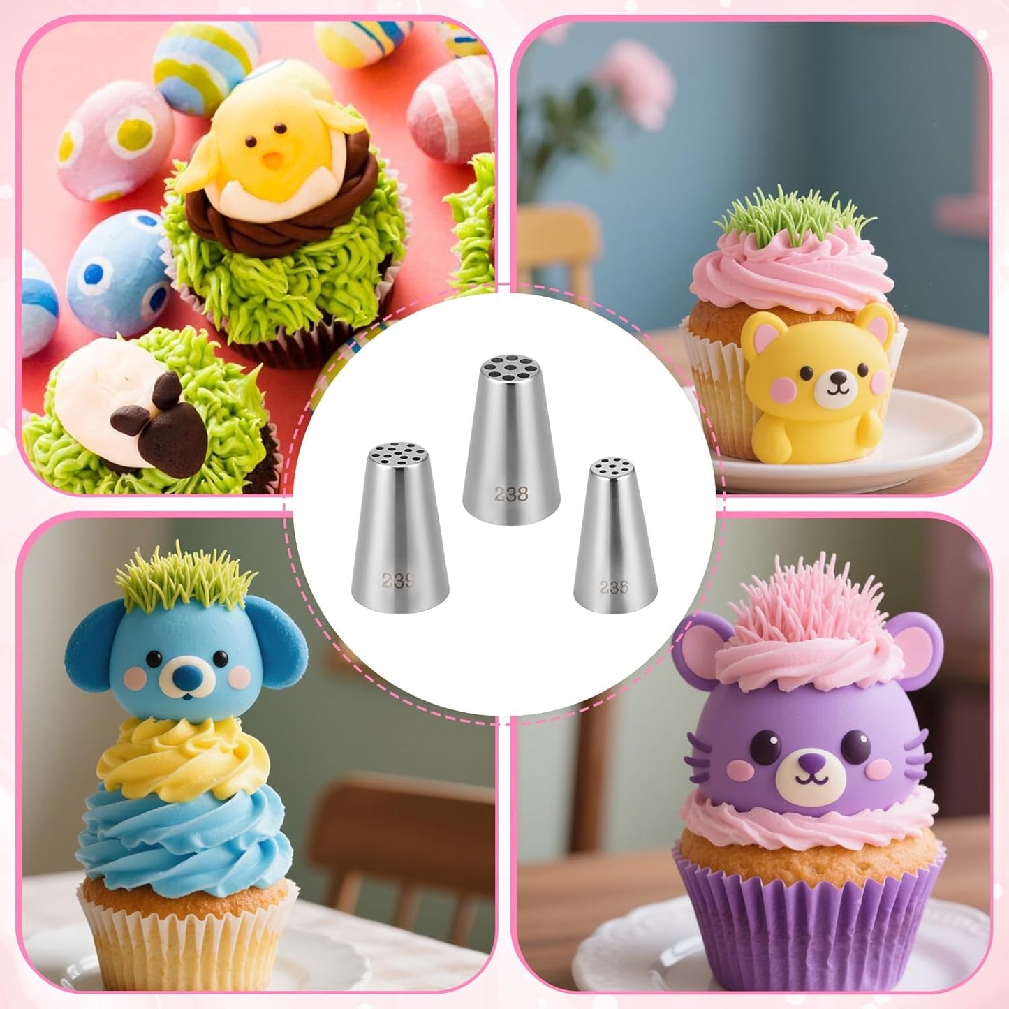 3 Pcs Grass Piping Tips, Stainless Steel DIY Piping Icing Nozzle Tool for Cake Decorating Frosting Grass, Hair, Fur on Cupcakes, Cookies, Desserts