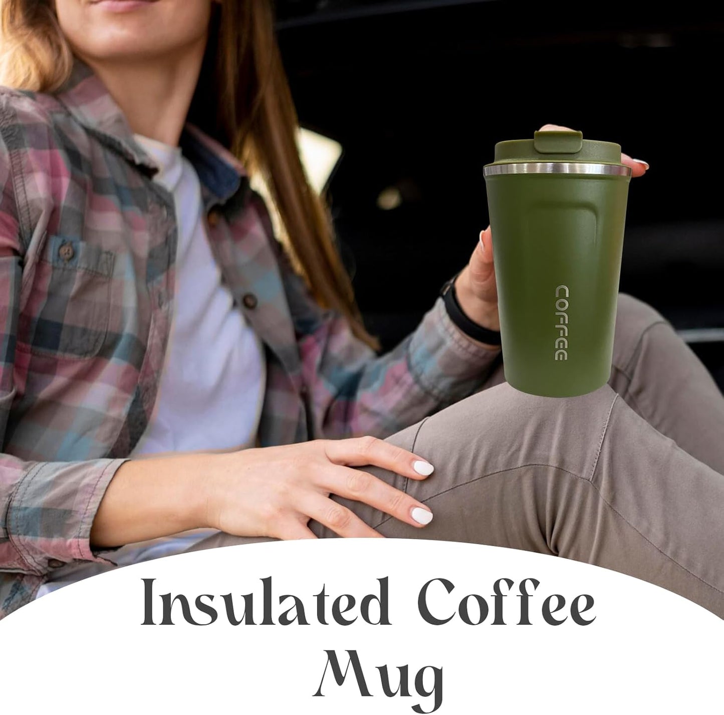 YINBAOGE Insulated Travel Coffee Mug Spill Proof Leak Proof Pobtable To Go Camping Stainless Steel Coffee Tumbler Reusable Coffee Cups with Lids Thermos for Hot and Cold Drink (2nd-Green, 12 OZ)