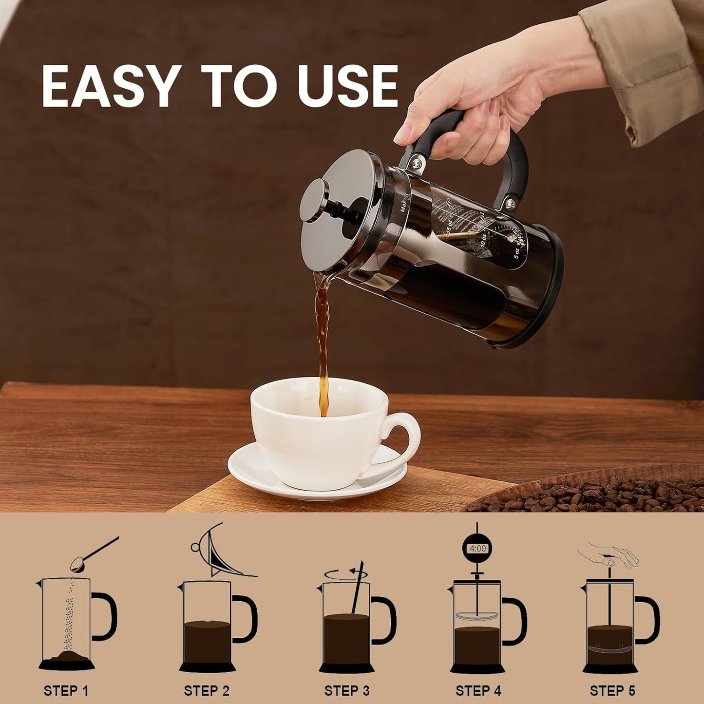 BAYKA 21 Ounce 0.6 Liter French Press Coffee Tea Maker Small, Heat Resistant Thickened Borosilicate Glass Stainless Steel Single Serve Brewer, Cold Brew Cafetera Teapot, Dark Pewter