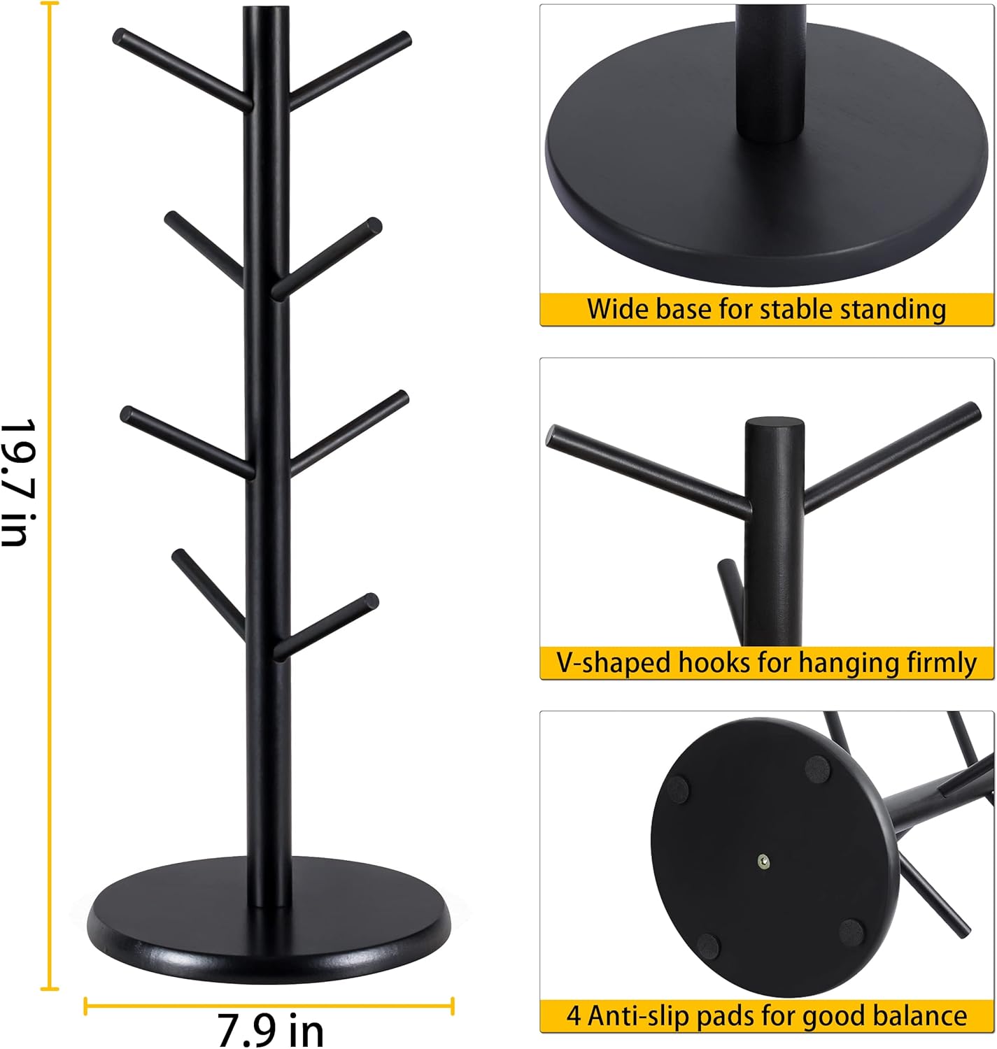 MyLifeUNIT Mug Holder Tree, Black Coffee Cup Holder with 8 Hooks, Wood Mug Hanger Stand for Counter