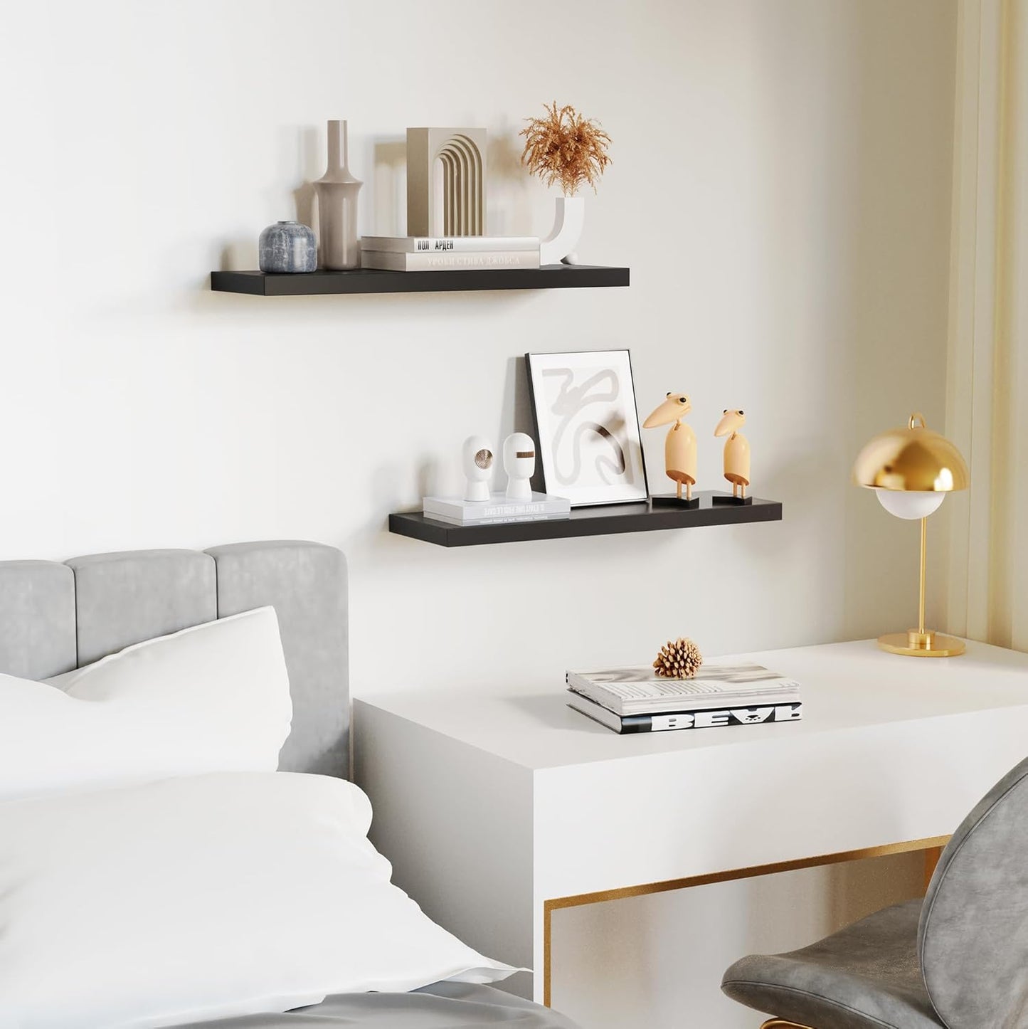 Floating Shelves for Wall, Black Wood Set of 2, 24" Mounted Shelf for Kitchen, Living Room, Bedroom, Bathroom Storage, Book Shelf, Home Decor, Frame Display