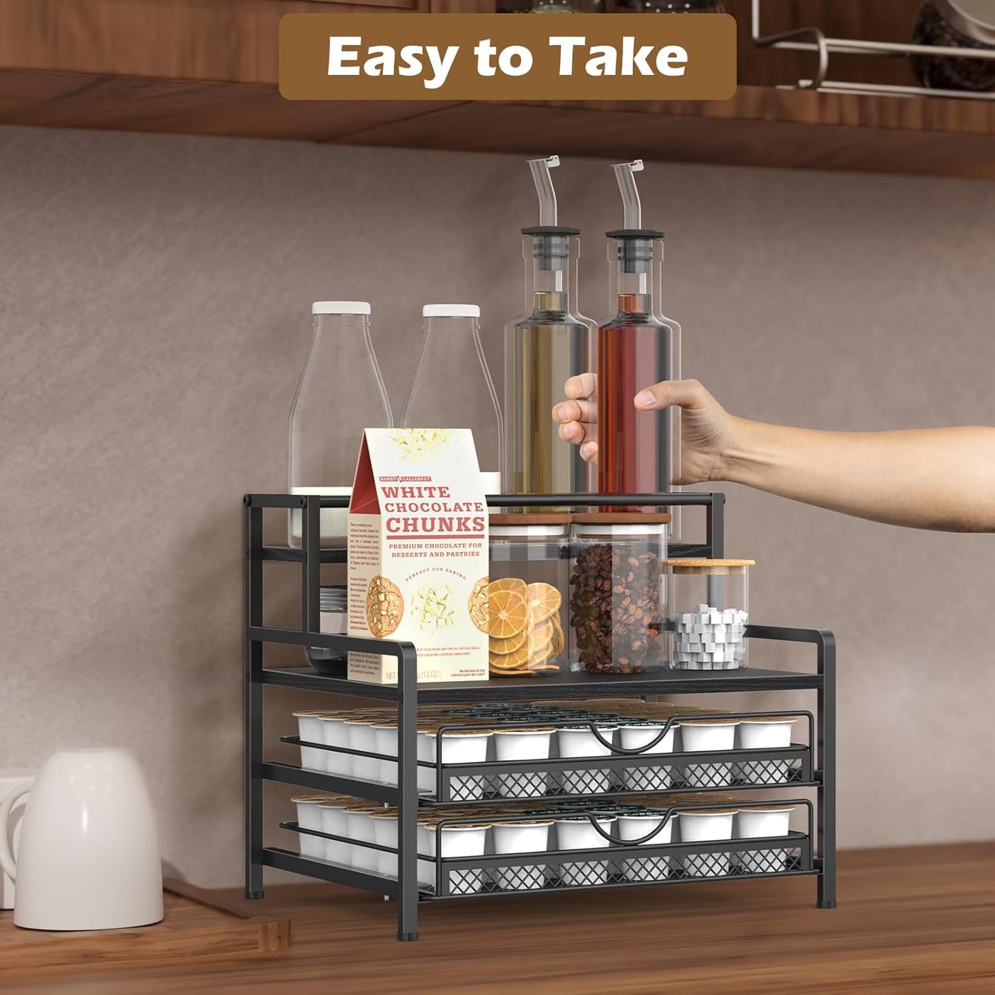 Coffee Bar Organizer, Coffee Pod Organizer,3 Tier Coffee Syrup Rack Organizer,72 K Cup Storage for Counter Storing K Cup,Coffee Syrups, Coffee Makers and Other Coffee Supplies-Black