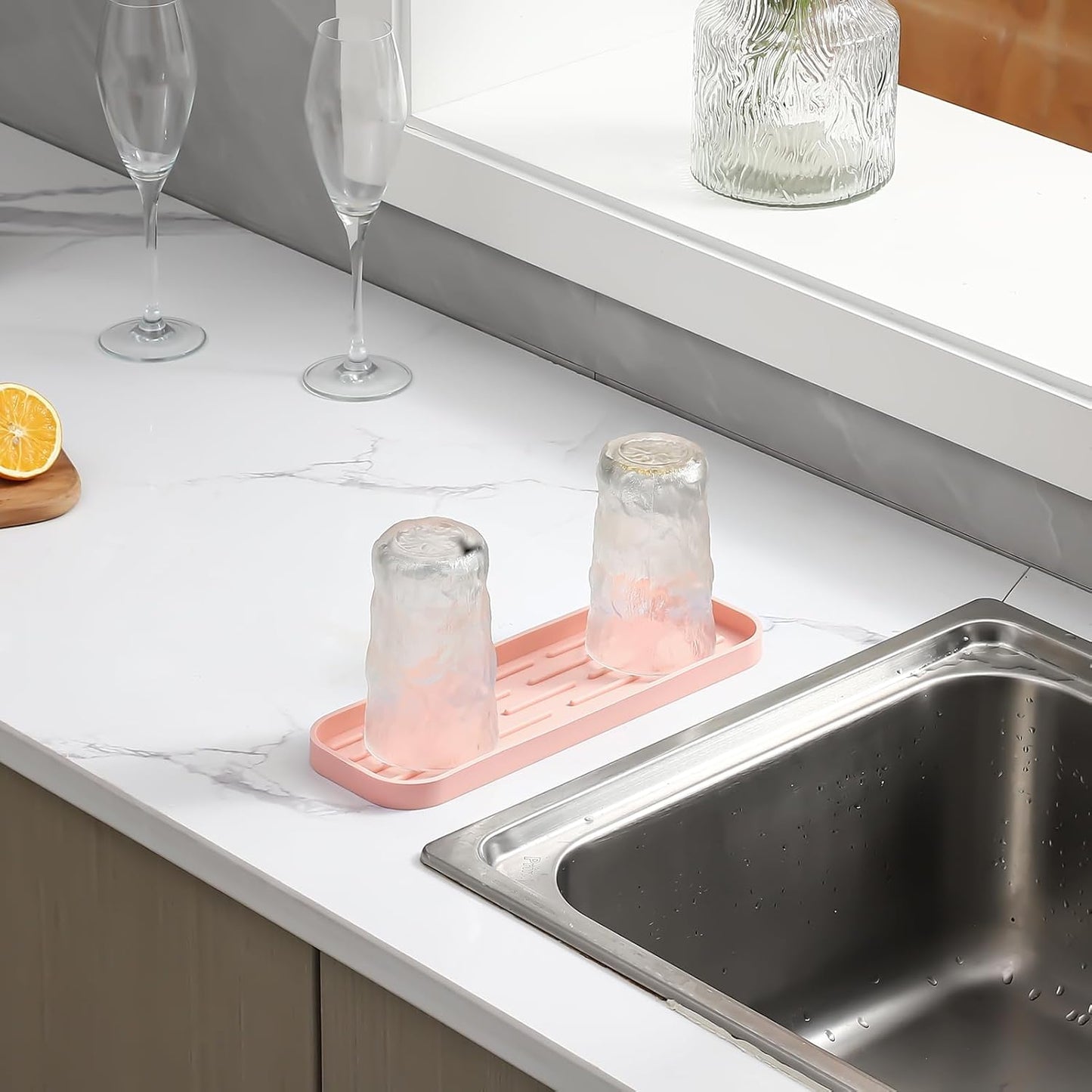 Silicone Kitchen Sink Organizer Tray for Multiple Usage,Easy Clean,Eco-Friendly Sponges Holder for Kitchen Bathroom Counter or Sink,Dish Soap Dispenser,Scrubber,Bottle,Cup Pink 12" x 4”