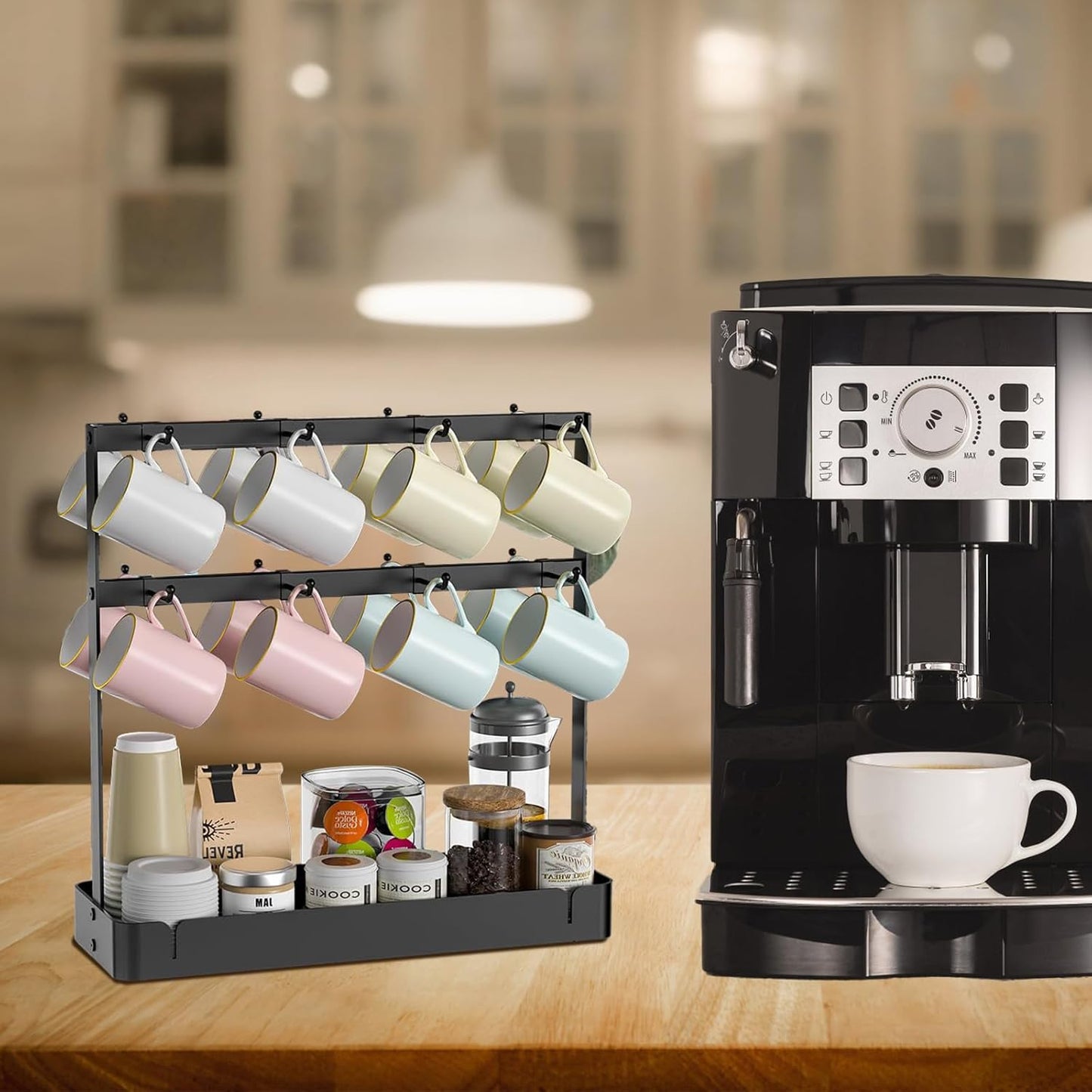 Coffee Mug Holder for Countertop, Cup Holder Rack with Slidable 16 Hooks, Large Mug Holder with Storage Base for Coffee Bar, Kitchen, Dining Room - Black