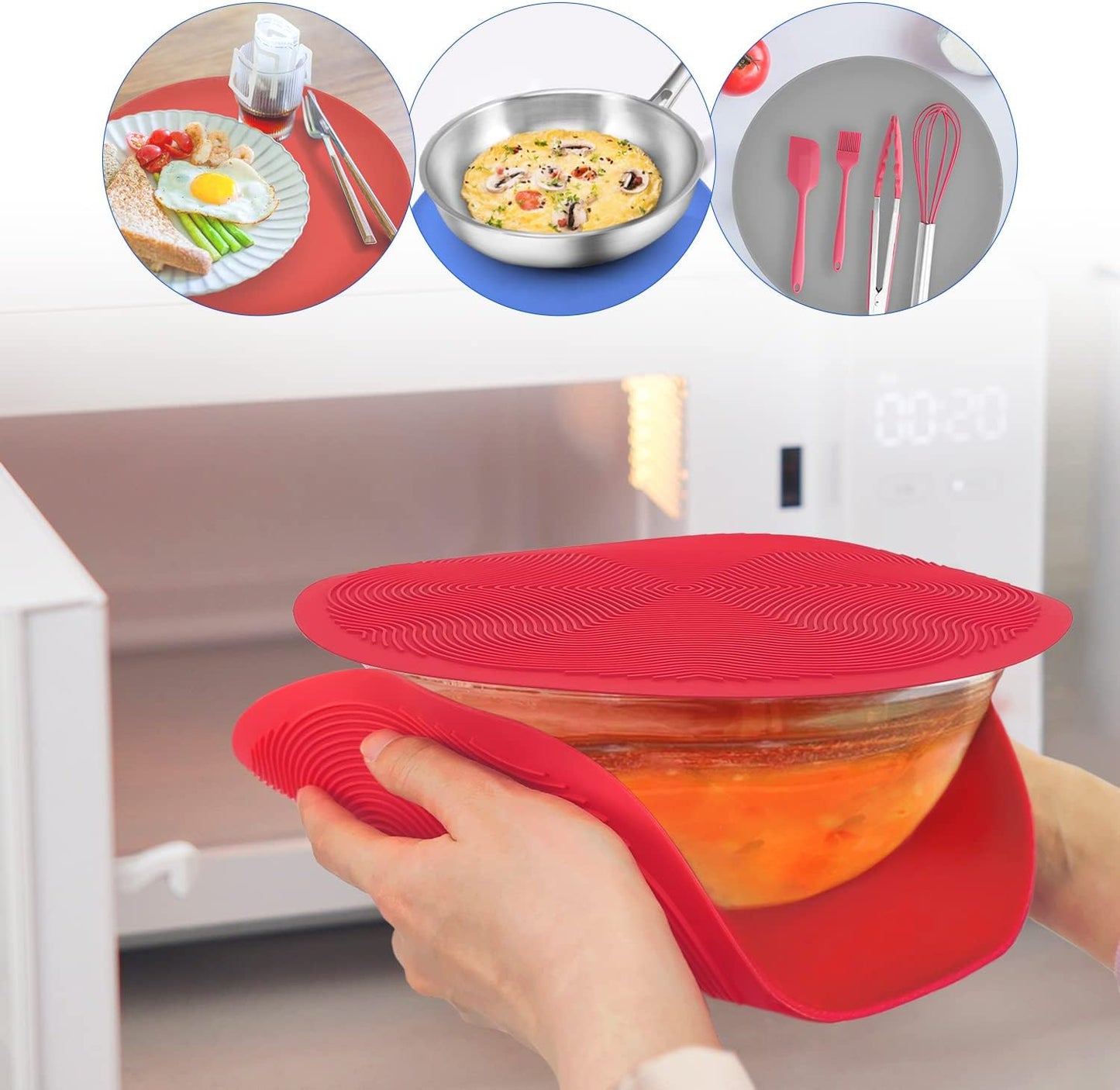 KooMall 12 10 8 Inch Multi-use Microwave Mat, Trivet, Pot Holders, Drying, Baking, Place Mat, Utensils Rest, Silicone Cover Pad for Hot Pot Pans Bowls Plates Dishes Kitchen Counter, Heat Resistant,Red
