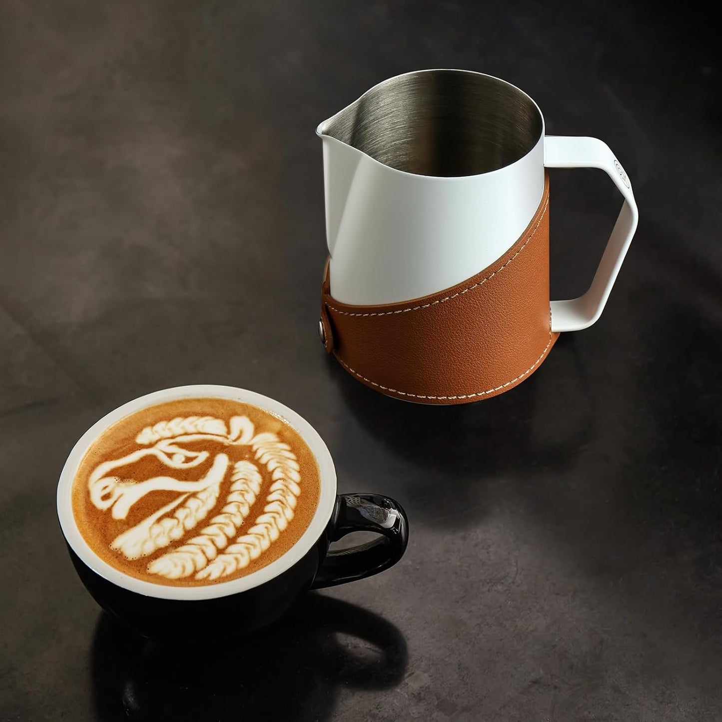 Milk Frothing Pitcher 450ml/16oz 304 Stainless Steel Espresso Steaming Pitcher with PU Leather, Milk Frothing Jug,milk frother cup,Milk Jug Cup,Premium Barista Tools,Latte Art (WHITE,20oz)