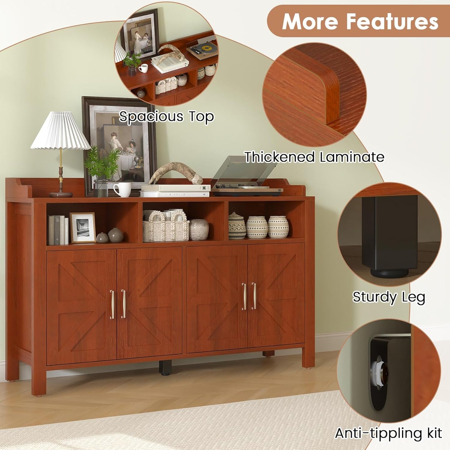 Buffet Cabinet with Storage Farmhouse with 4 Doors and 3 Open Compartments, 55'' Large Kitchen Storage Cabinet Cherry Wood Coffee Bar Buffet Sideboard for Kitchen, Dining Room, Living Room