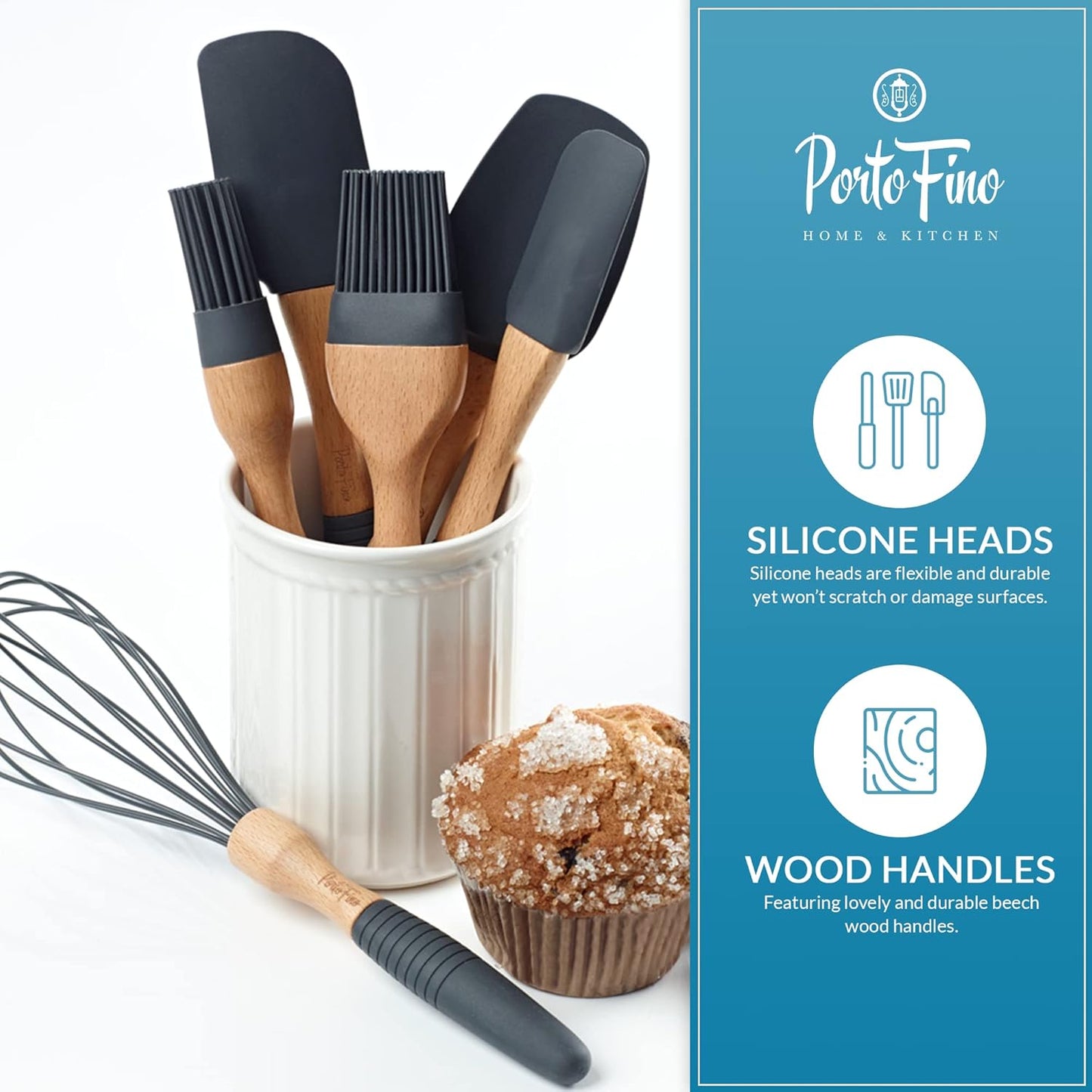Baking Utensils Set 6 Pieces - Spatula Set for Baking - Baking Essentials 3 Spatula, 2 Pastry Brush, 1 Whisk - Spatulas Silicone Heat Resistant - Silicone Cooking Utensils - Gift for women - Dark Grey