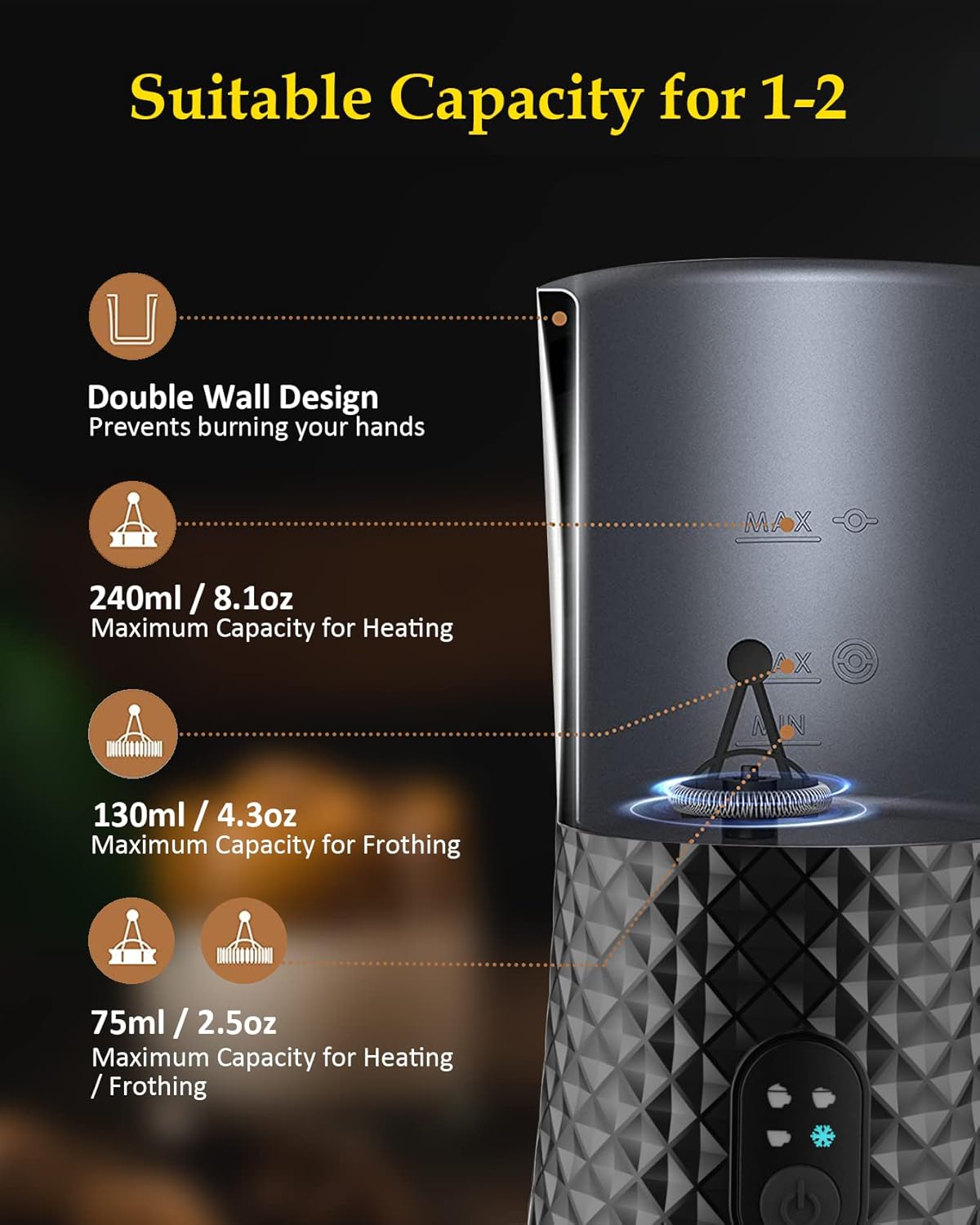 Milk Frother, Ausyle 4-in-1 Electric Milk Frother and Steamer, Non-Slip Stylish Design, Hot & Cold Milk Steamer with Temperature Control, Auto Shut-Off Frother for Coffee, Latte, Cappuccino, Macchiato