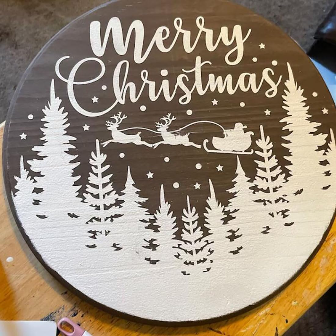 Christmas Stencils 12” Christmas Stencil for Wood Round Xmas Stencil for Painting Holiday Stencils Merry Christmas Holy Night Drawing Templates for Door Hanger Porch Wreath Home Decor
