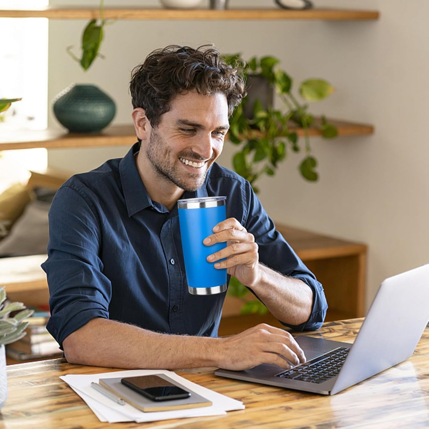 20oz Tumbler Bulk with Lid and Straw, Stainless Steel Double Wall Vacuum Insulated Travel Mug, Powder Coated Coffee Cups for Hot and Cold Drinks,Funny Gifts for Women Men(Scuba blue,1)