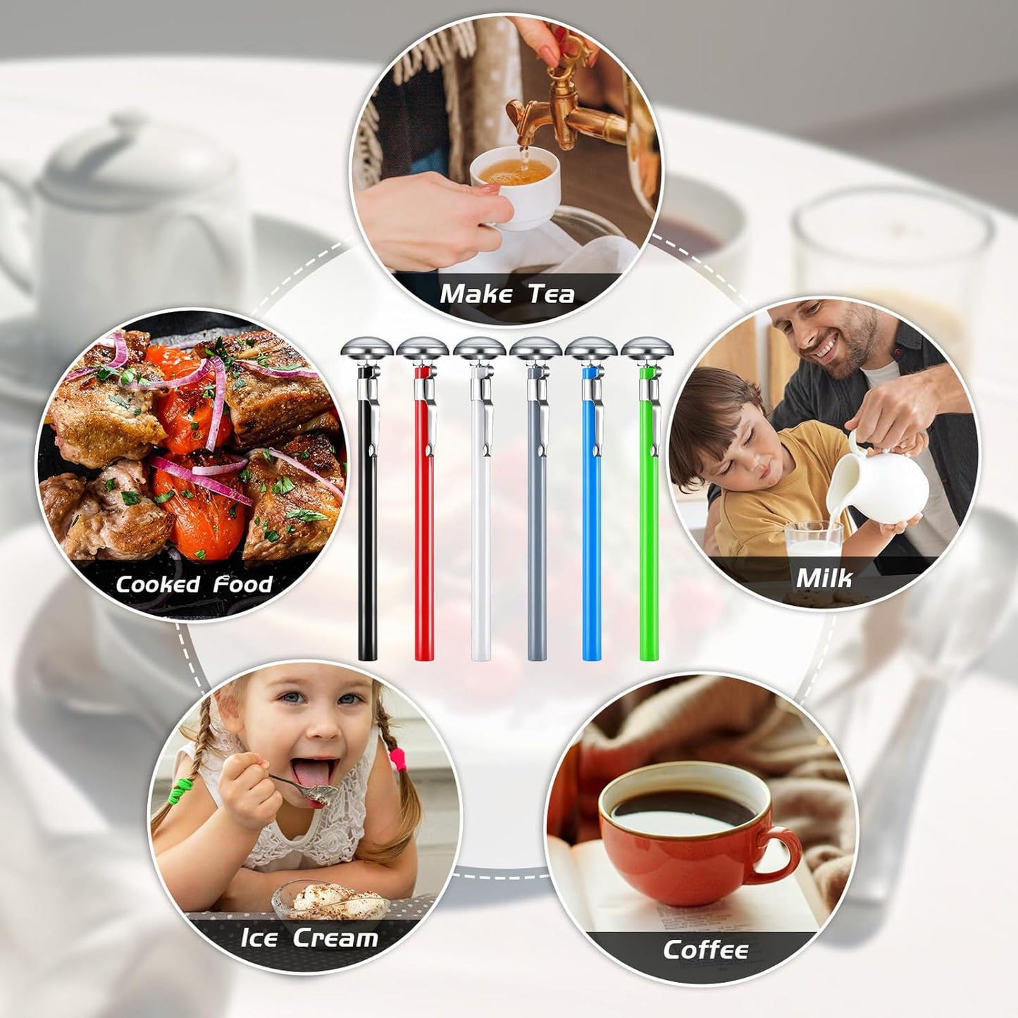 Xuhal 6 Pcs Stainless Steel Kitchen Thermometer with 5 Inch Long Stem 1 Inch Dial Thermometer Milk Frothing Food for Oven Probe Meat Grill BBQ Cooking Chocolate Water(Multicolor)