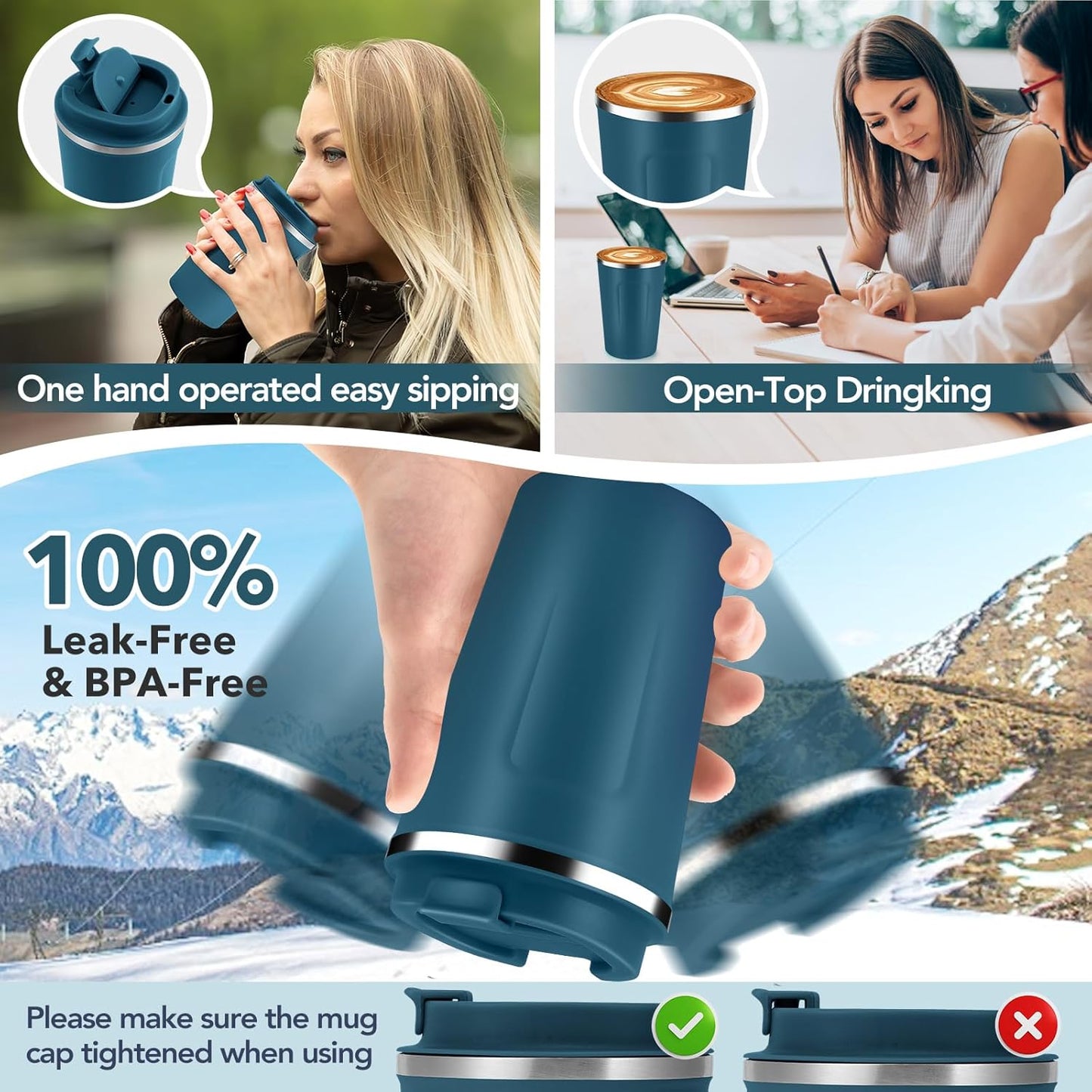 Volhoply 12 oz Double Wall Insulated Vacuum Travel Coffee Mug with Flip Lid Bulk 8 Pack,Reusable Stainless Steel Leak Proof Coffee Cup,Portable Cafe Thermal Tumblers for Hot & Cold Drinks(Bule,8 Set)