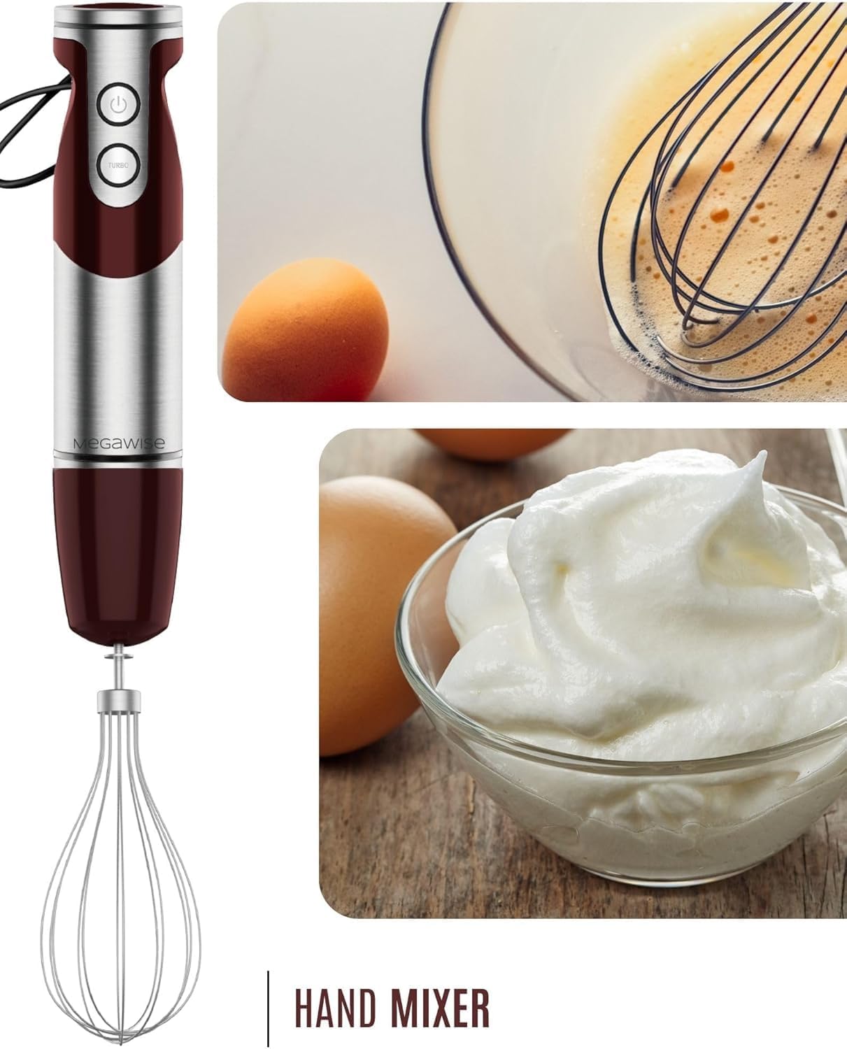 3-in-1 Immersion Hand blender, Powerful MOTOR & Stainless Steel Stick Blender, 4 Sharpe Blades with Whisk, Milk Frother Attachments