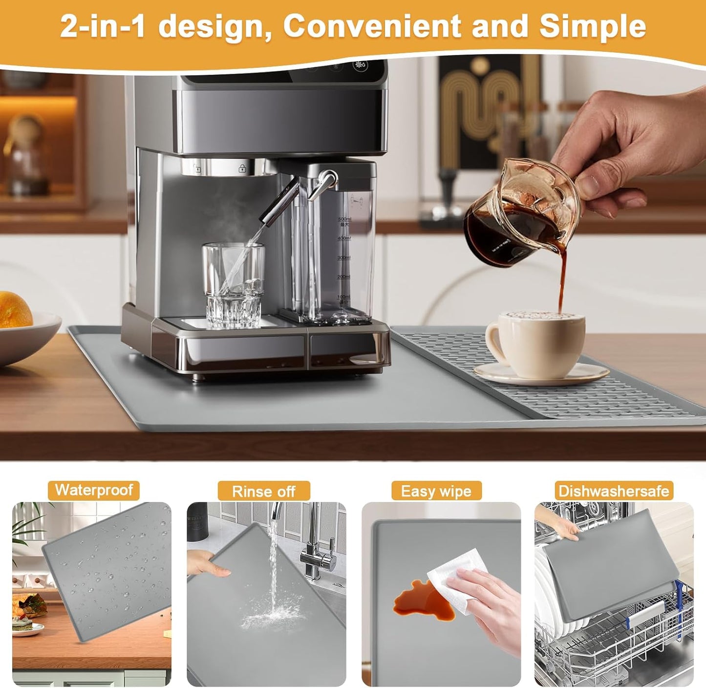 Silicone Coffee mat 24''x16'' – Non-Slip Bar Mat with Detachable Drying Layer for Espresso Machines, Countertops & Dish Racks-Gray